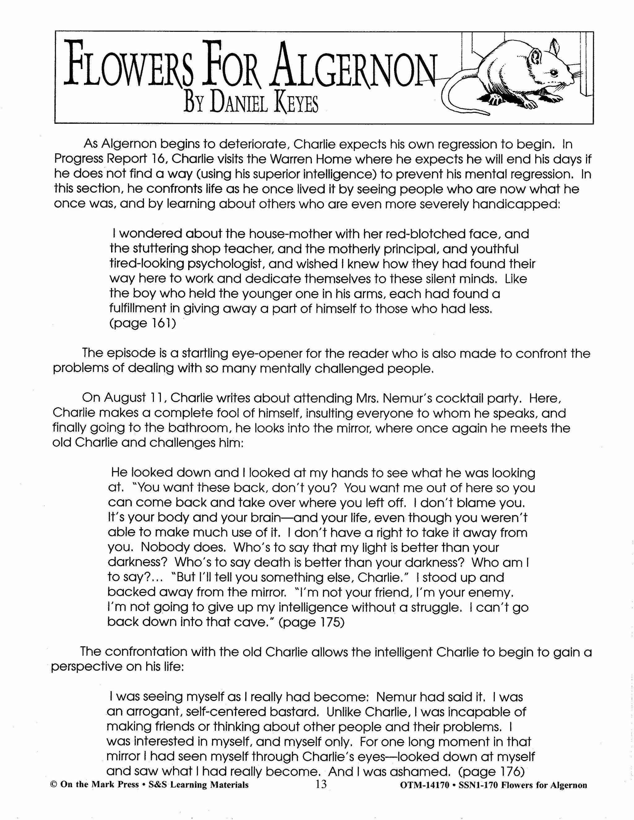 Flowers for Algernon, by Daniel Keyes Lit Link Grades 7-10