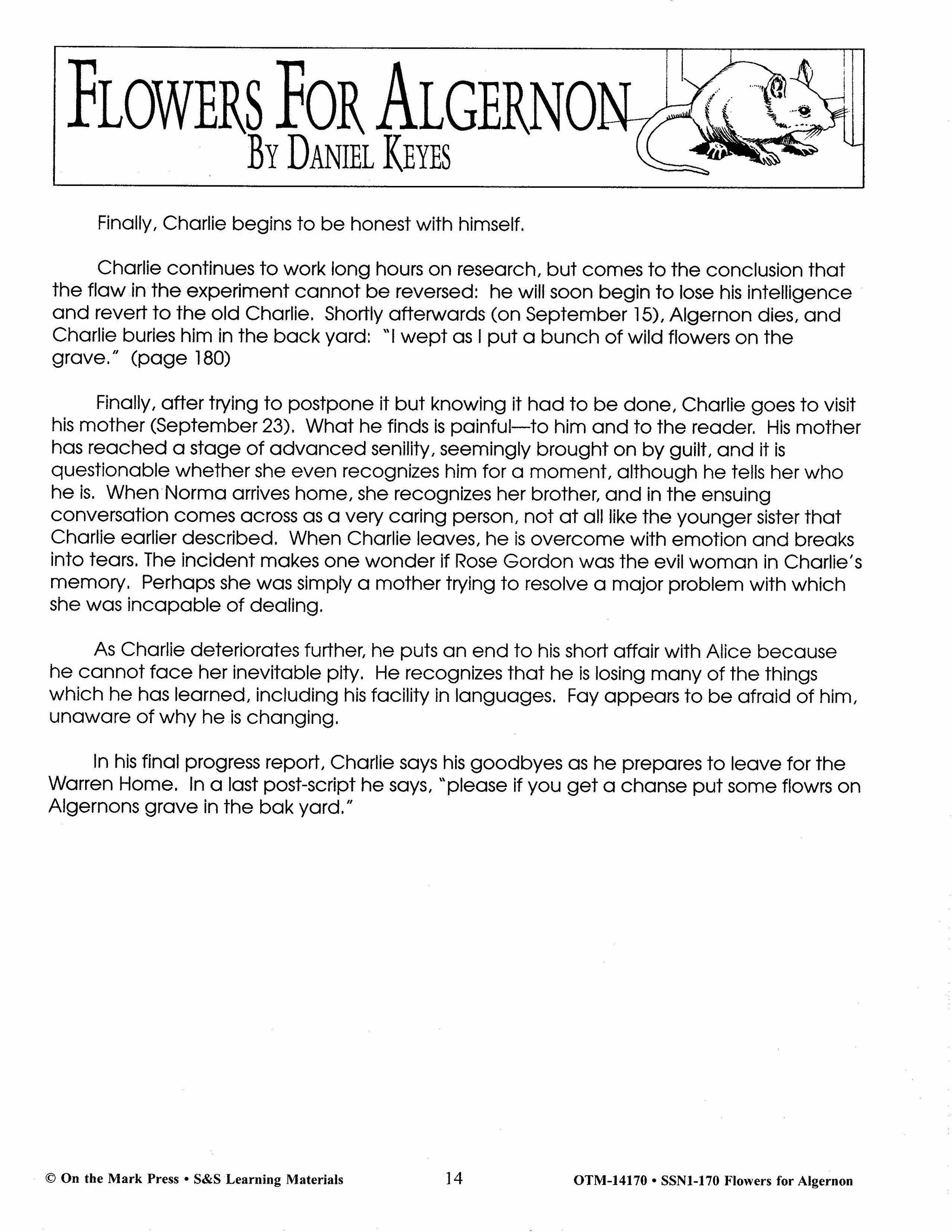 Flowers for Algernon, by Daniel Keyes Lit Link Grades 7-10