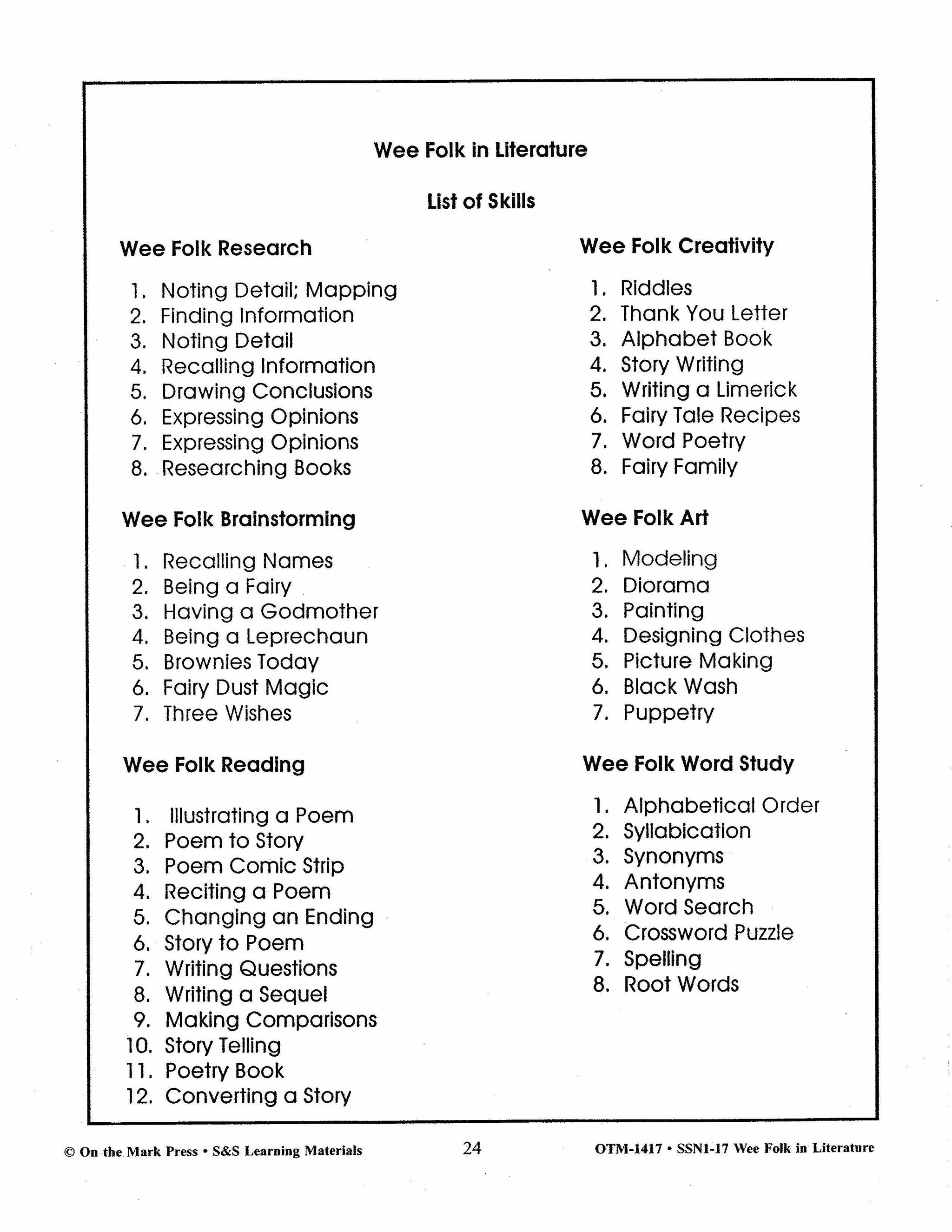 Wee Folk in Literature Grades 3-5