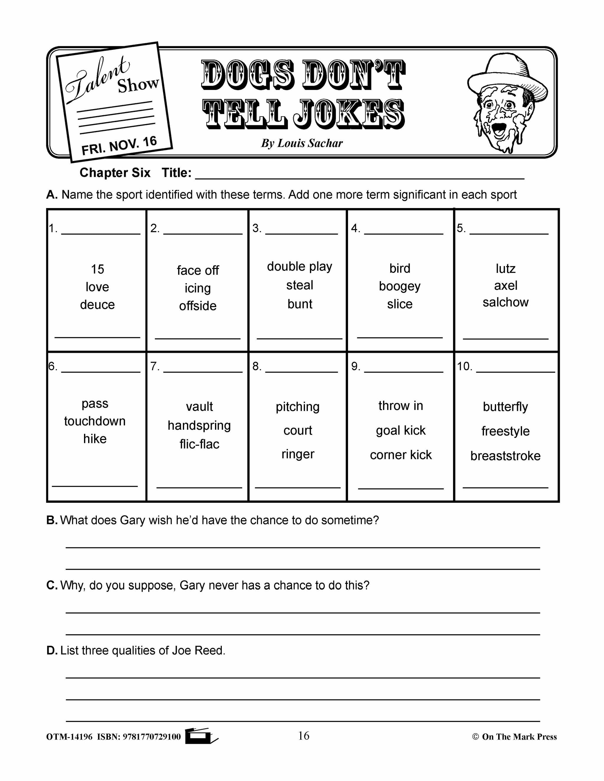 Dogs Don't Tell Jokes, by Louis Sachar Lit Link Grades 4-6