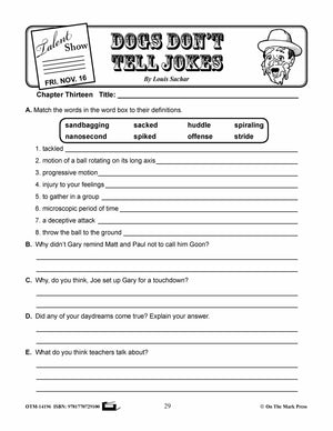 Dogs Don't Tell Jokes, by Louis Sachar Lit Link Grades 4-6