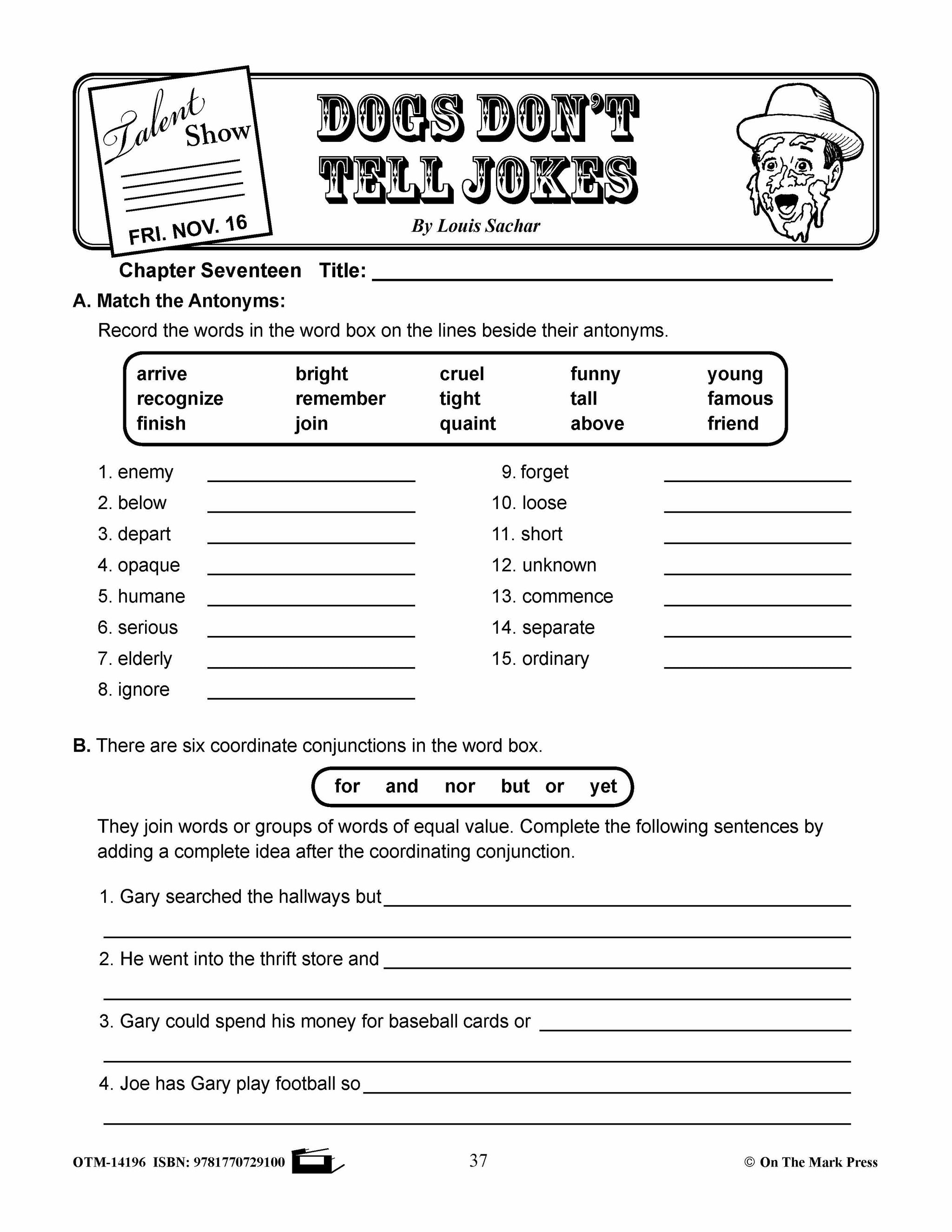 Dogs Don't Tell Jokes, by Louis Sachar Lit Link Grades 4-6