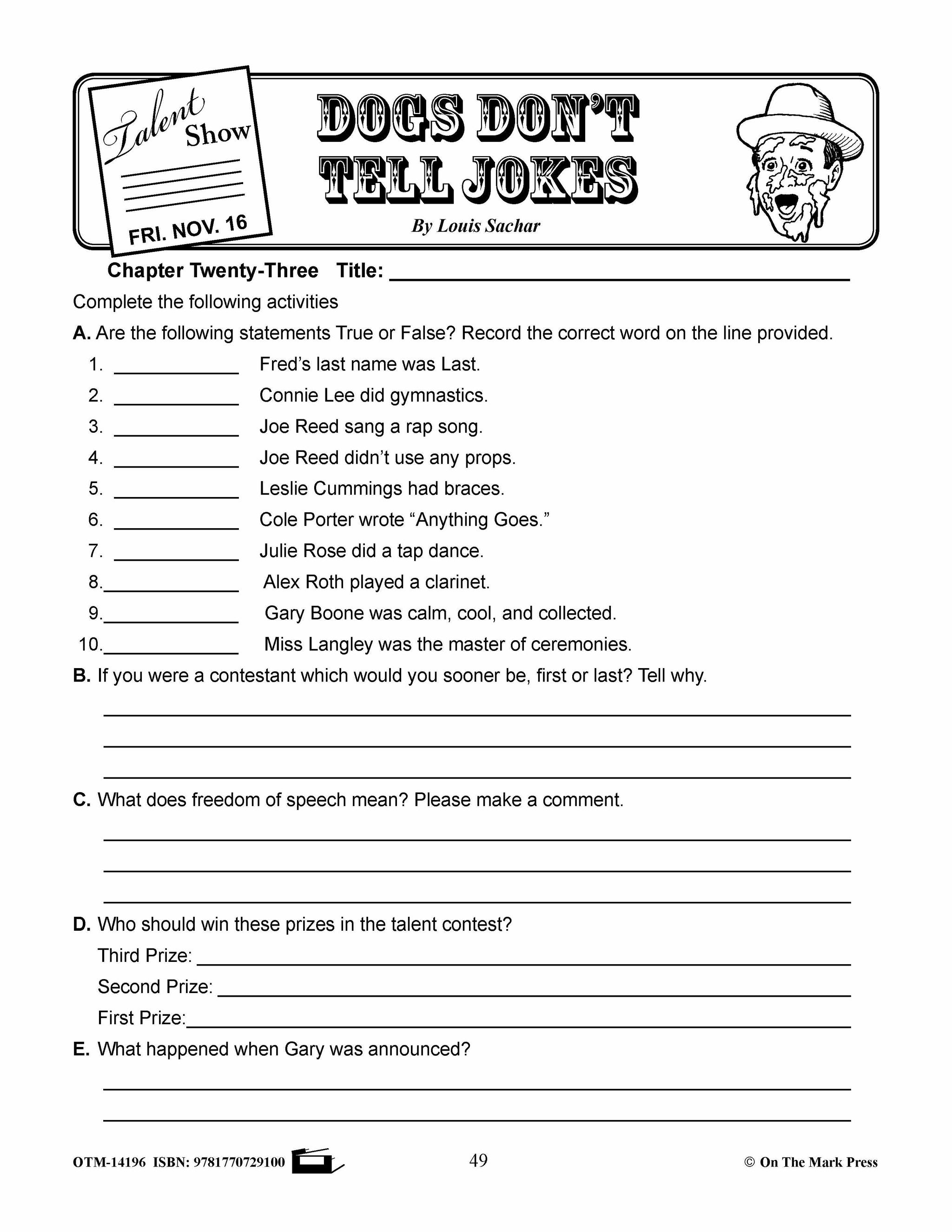 Dogs Don't Tell Jokes, by Louis Sachar Lit Link Grades 4-6