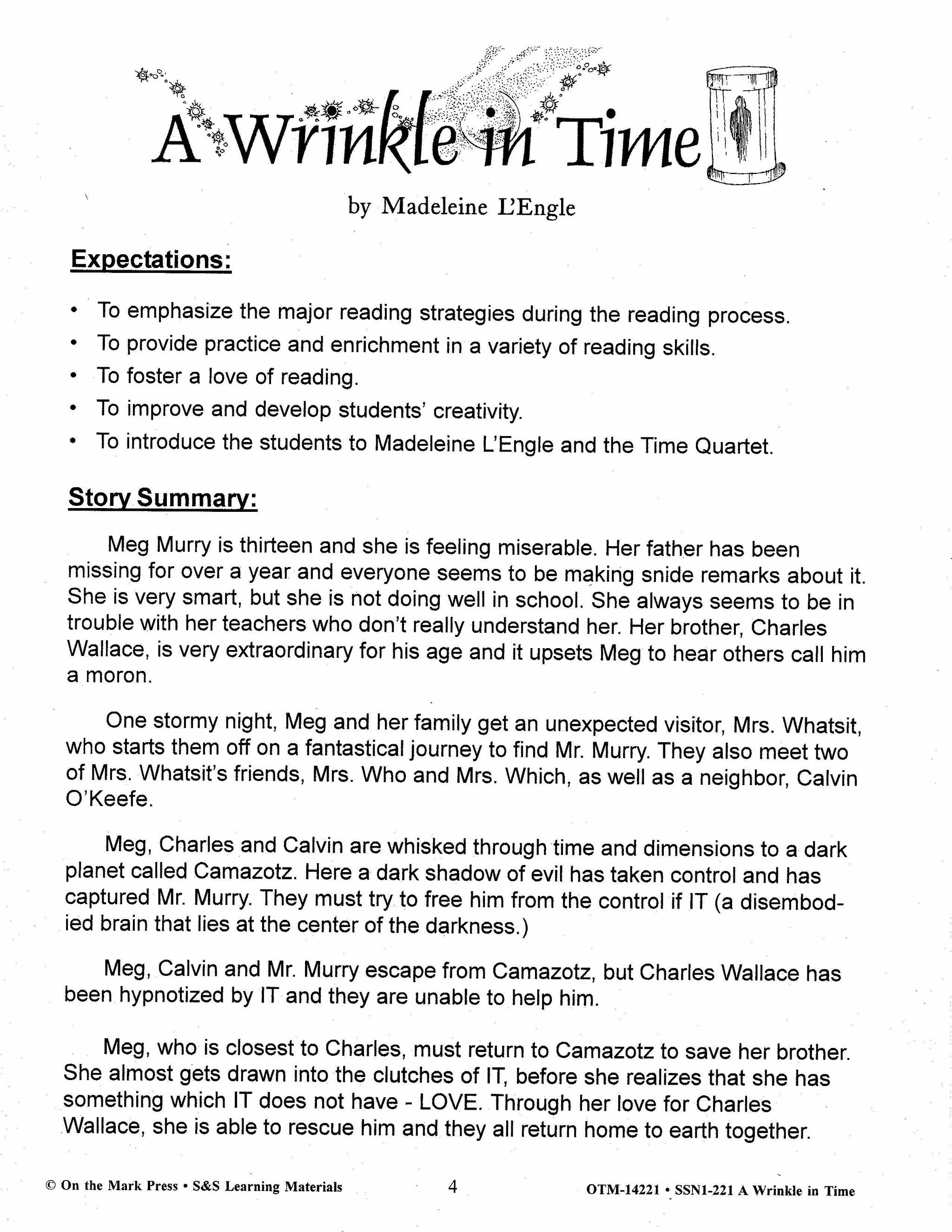 A Wrinkle in Time, by Madeline L'Engle,  Lit Link Grades 7-8