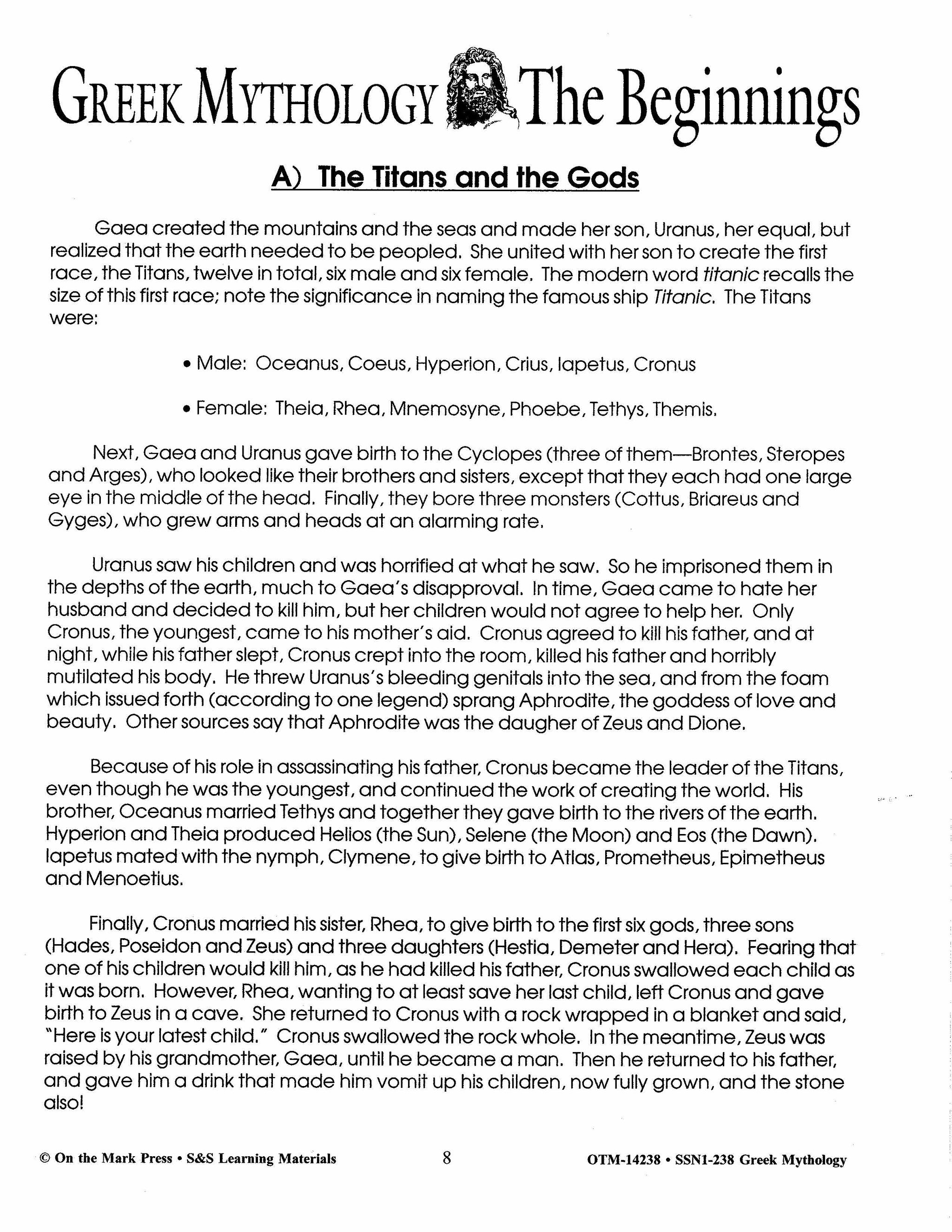 Greek Mythology: Tales of the Gods Grades 7-8