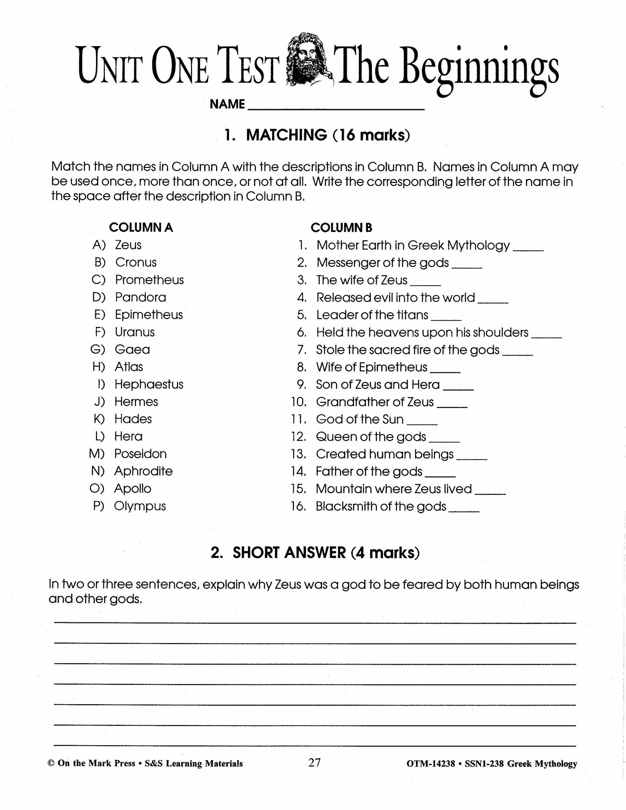 Greek Mythology: Tales of the Gods Grades 7-8