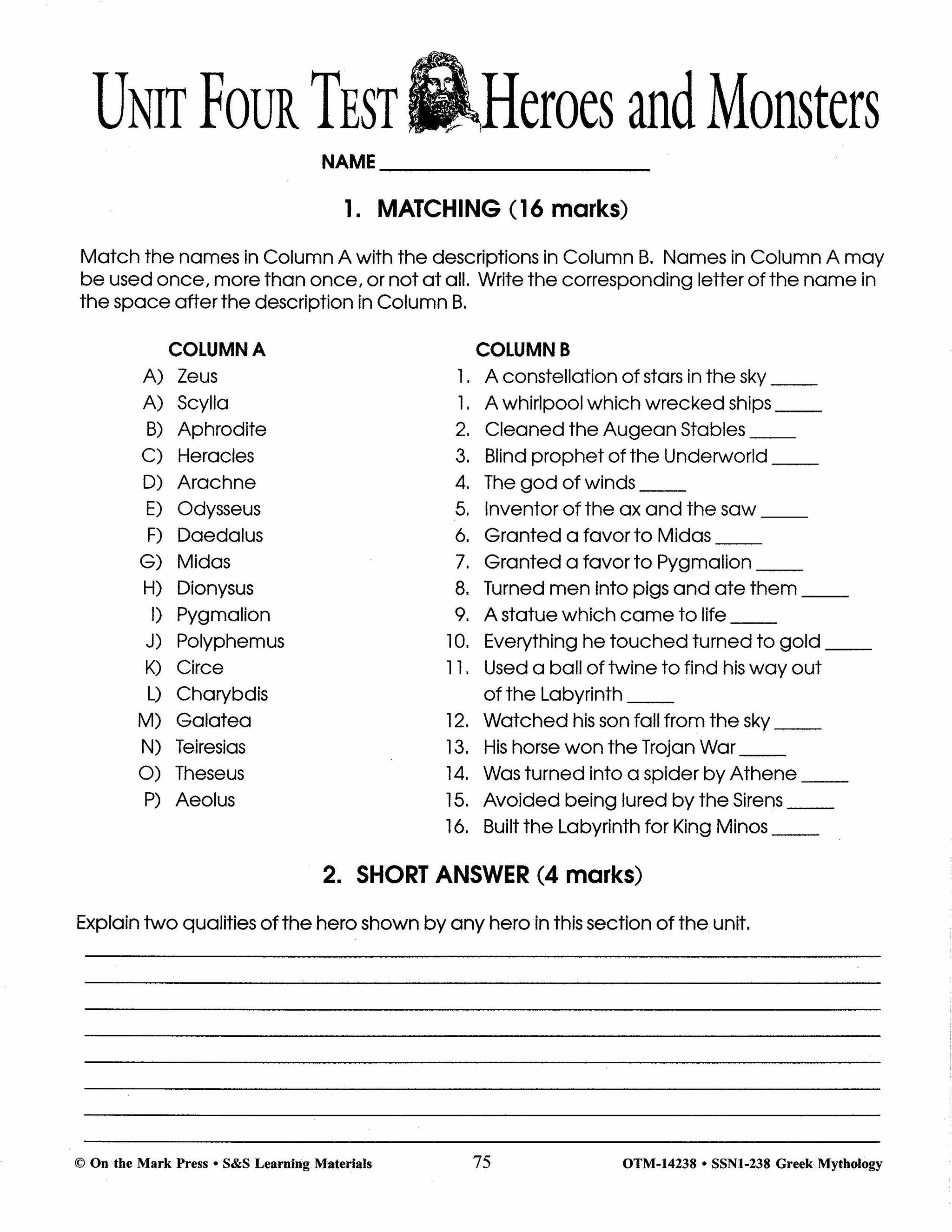 Greek Mythology: Tales of the Gods Grades 7-8