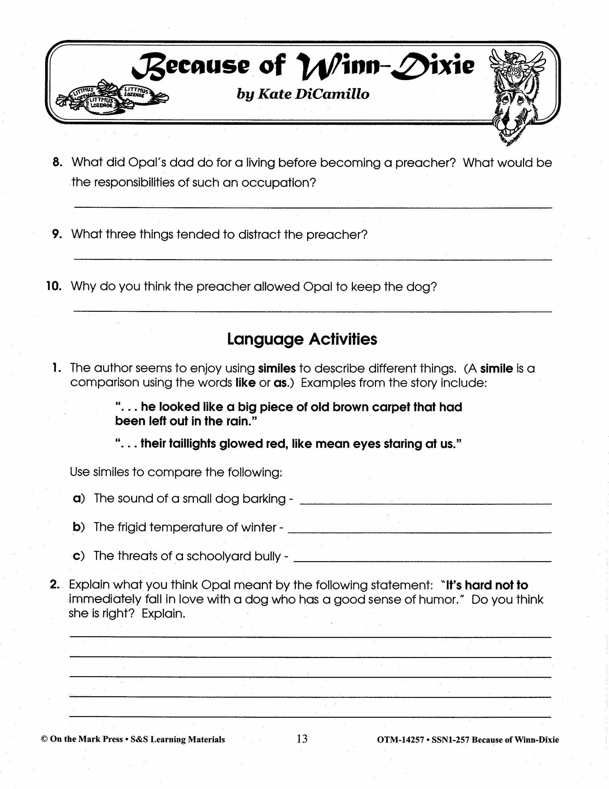 Because of Winn Dixie, by Kate DiCamillo Lit Link Grades 4-6