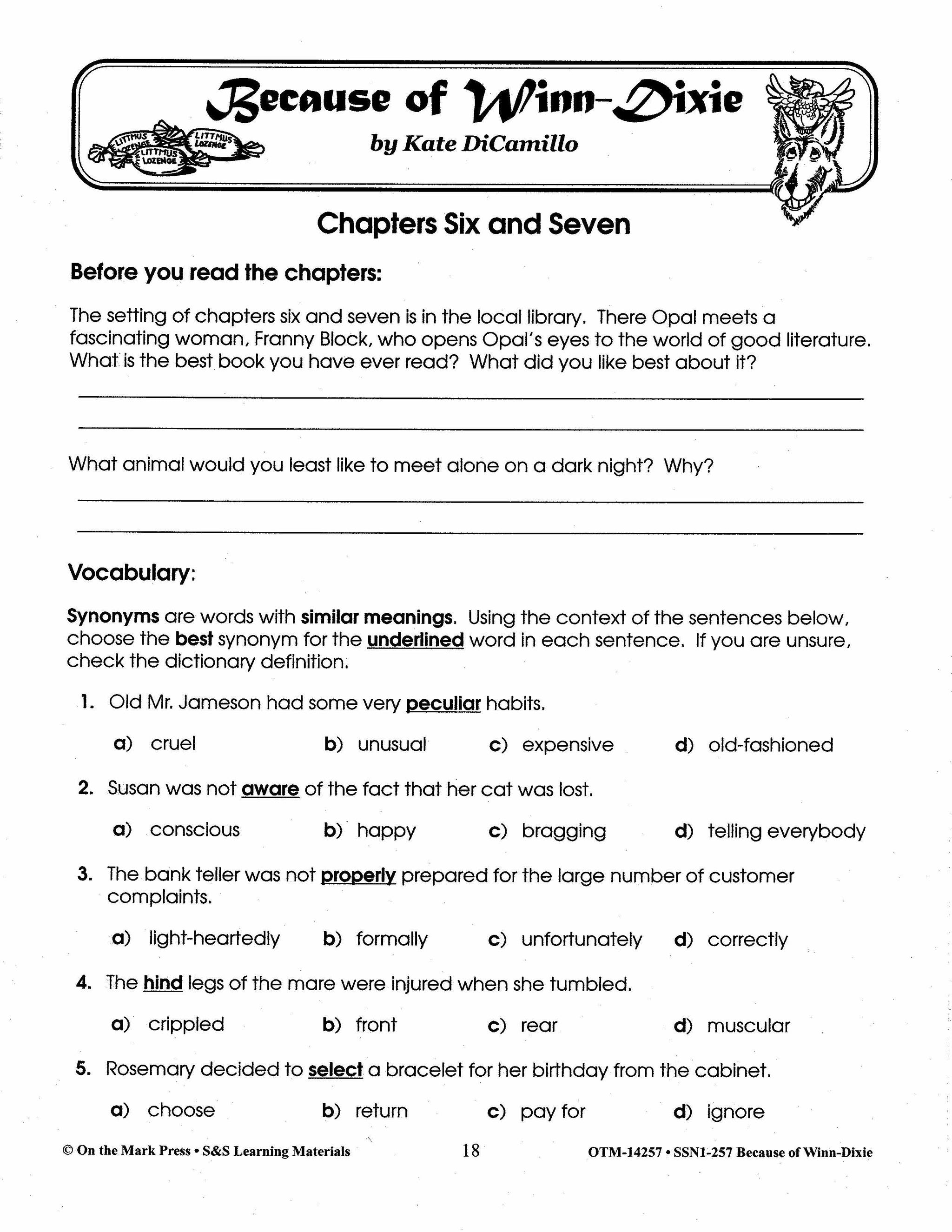 Because of Winn Dixie, by Kate DiCamillo Lit Link Grades 4-6