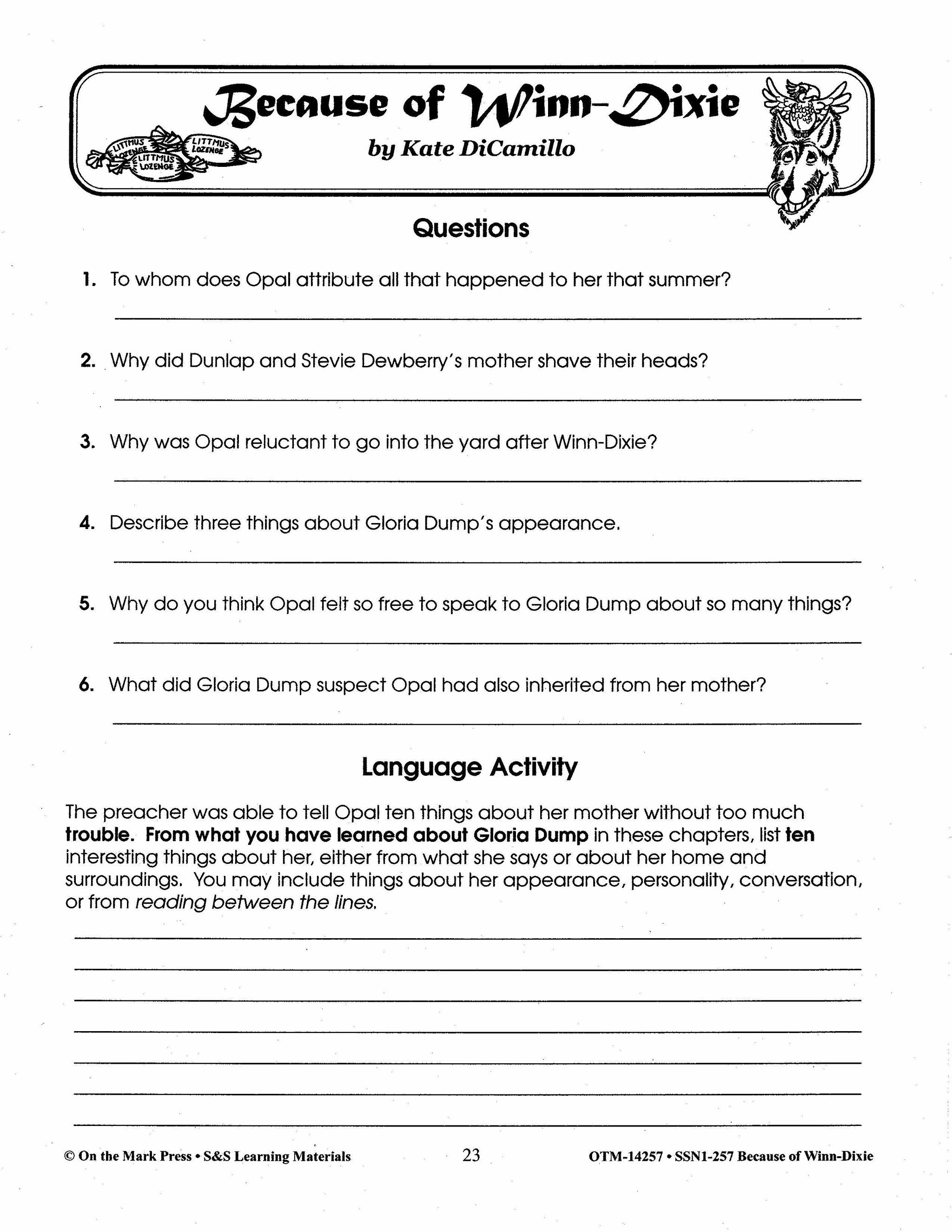 Because of Winn Dixie, by Kate DiCamillo Lit Link Grades 4-6