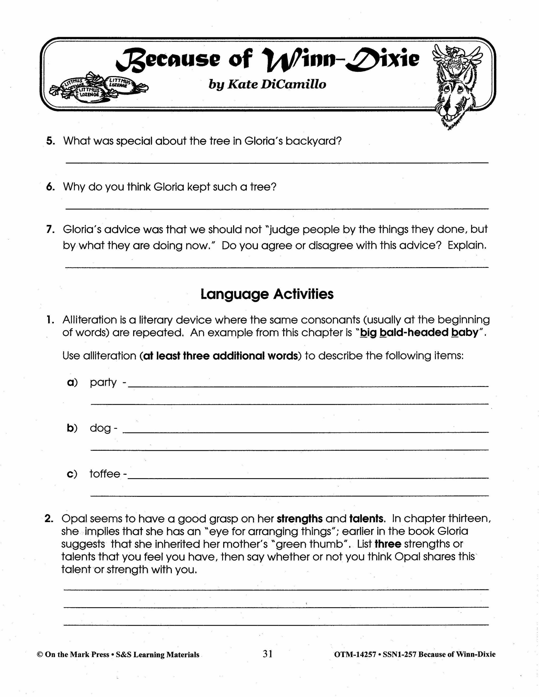 Because of Winn Dixie, by Kate DiCamillo Lit Link Grades 4-6