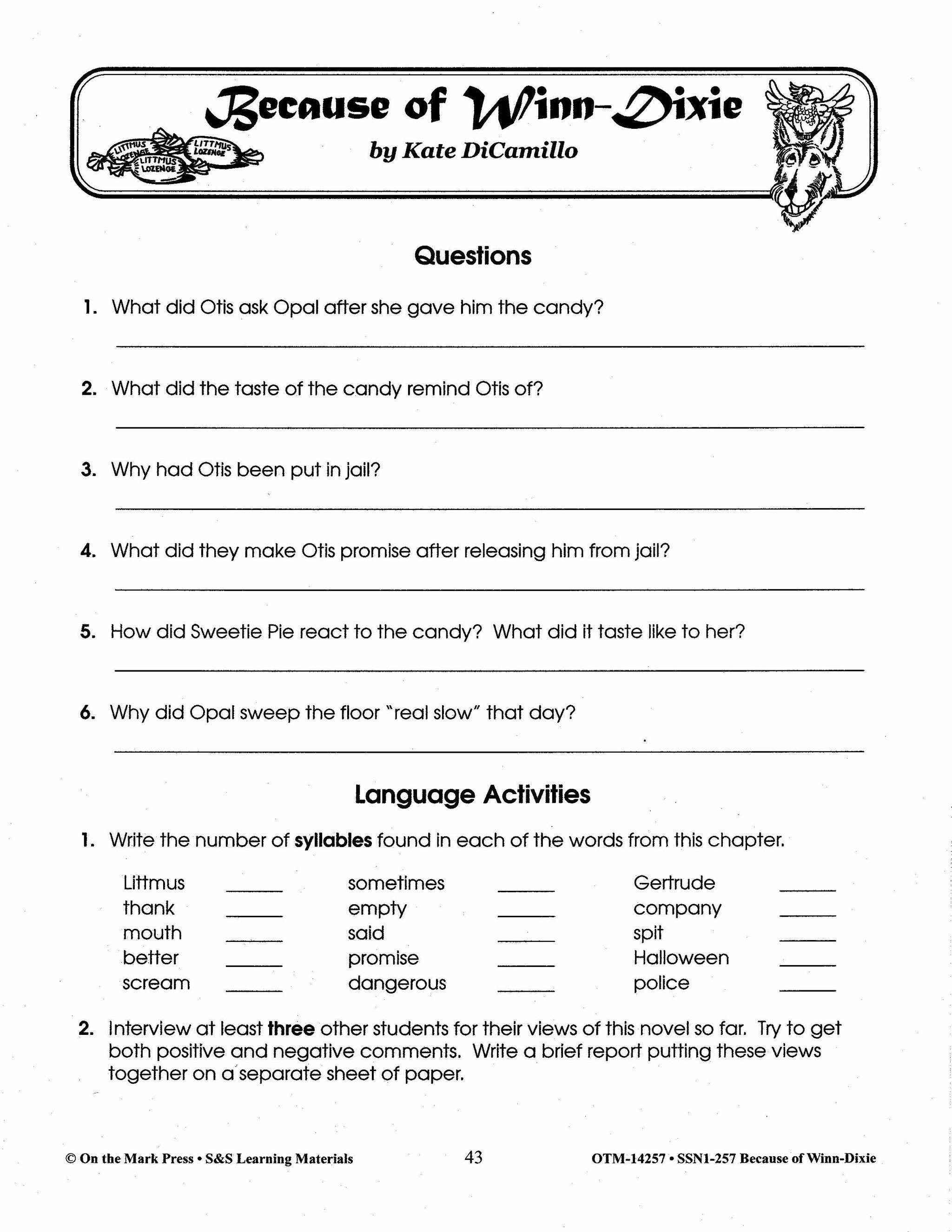 Because of Winn Dixie, by Kate DiCamillo Lit Link Grades 4-6