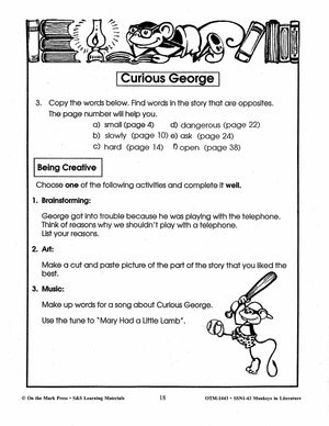 Monkeys in Literature - Curious George & Arthur Lessons Grades 2-4