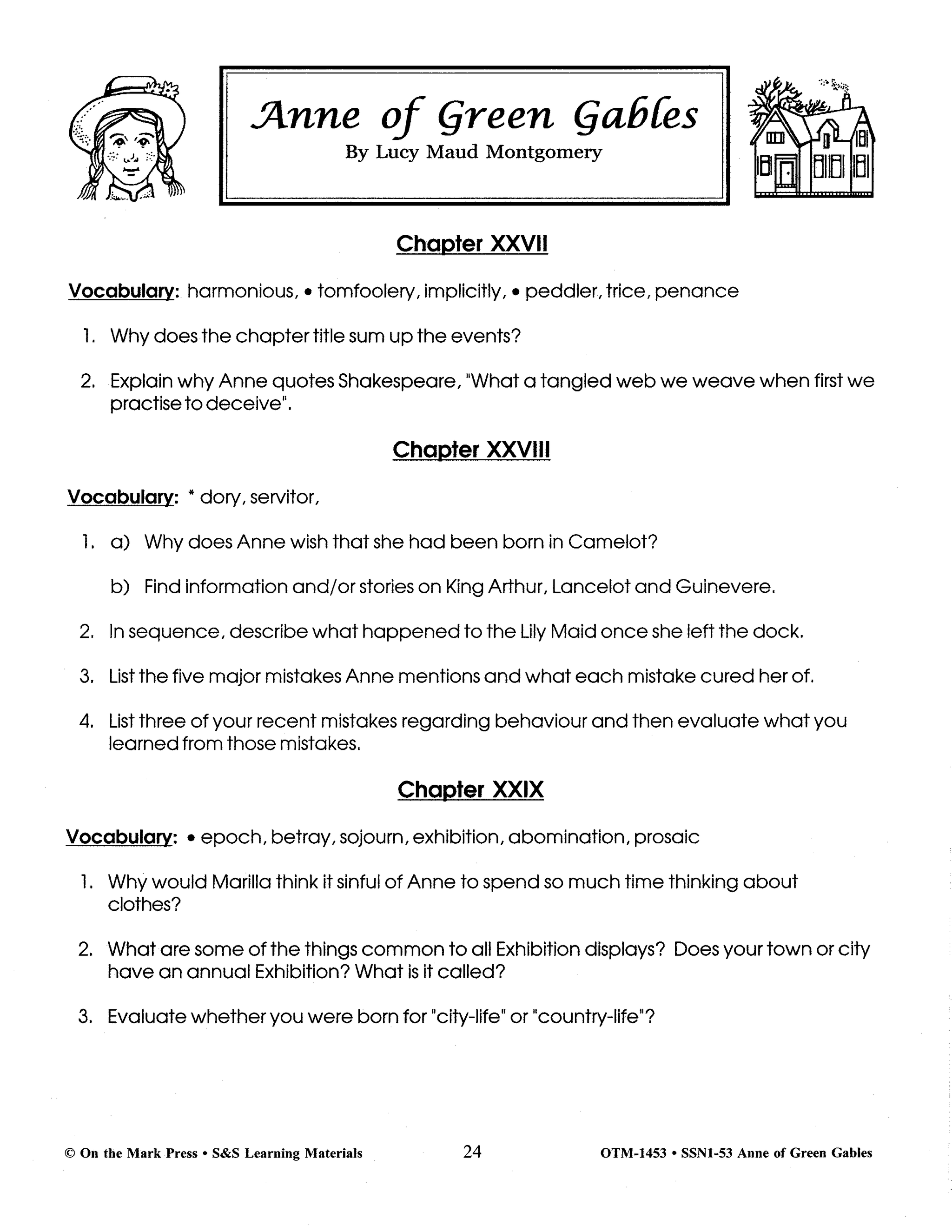 Anne of Green Gables, by Lucy Maud Montgomery Lit Link Grades 7-8