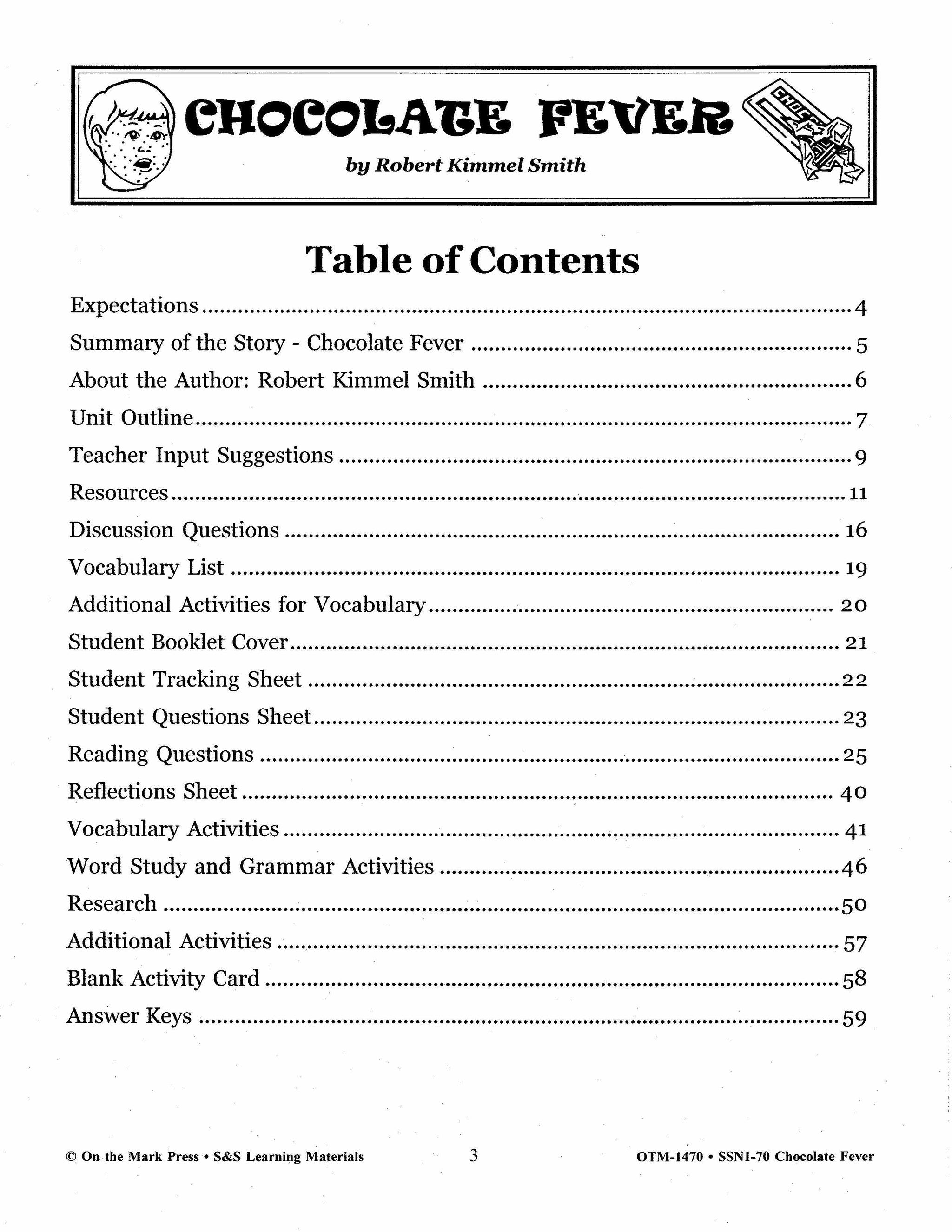 Chocolate Fever, by Robert Kimmel Smith Lit Link Grades 4-6