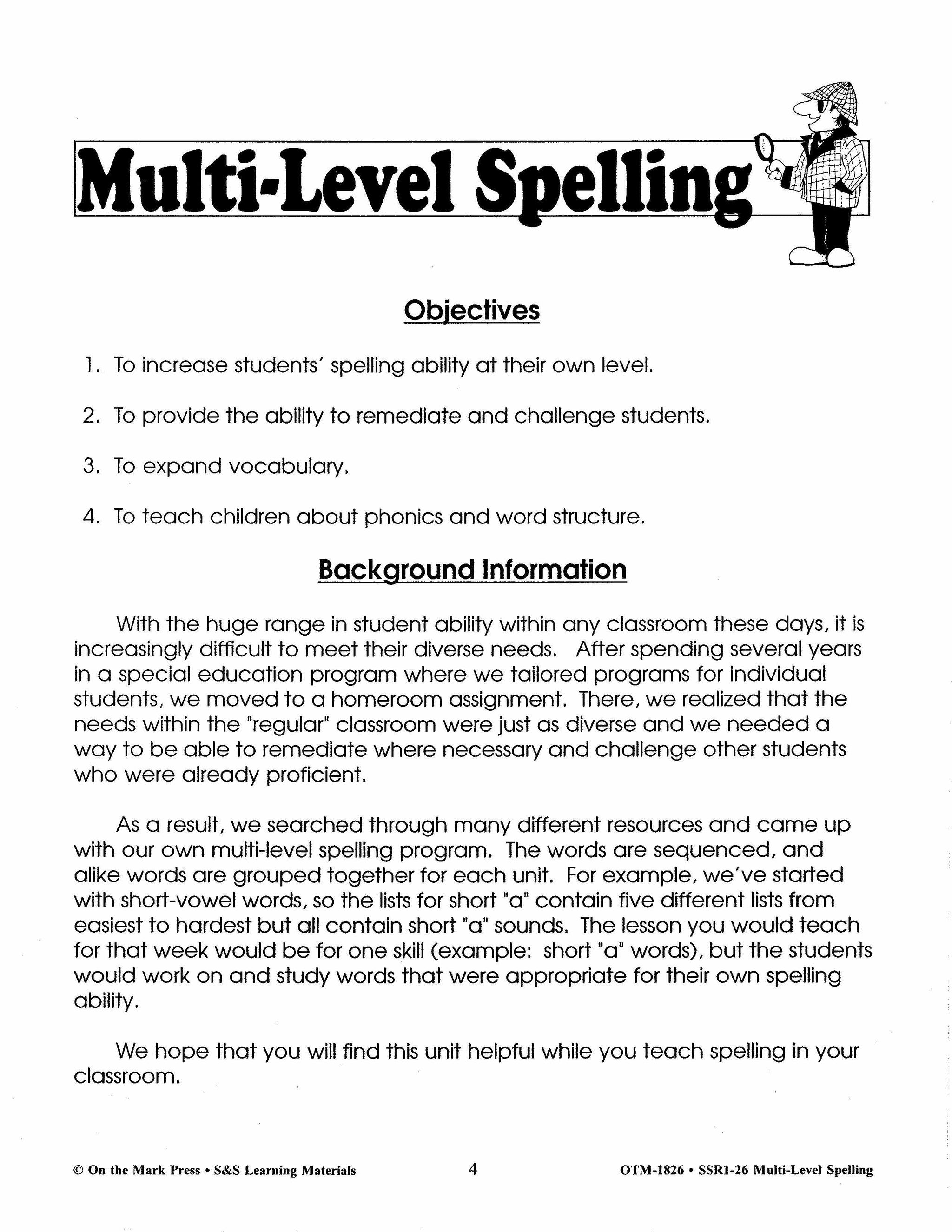 Spelling Work Sheets and Word Lists for Multi Level Student Abilities