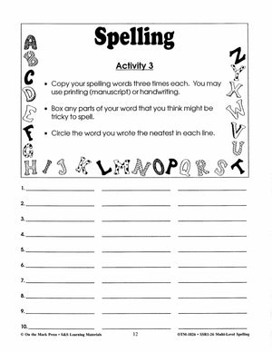 Spelling Work Sheets and Word Lists for Multi Level Student Abilities