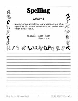 Spelling Work Sheets and Word Lists for Multi Level Student Abilities