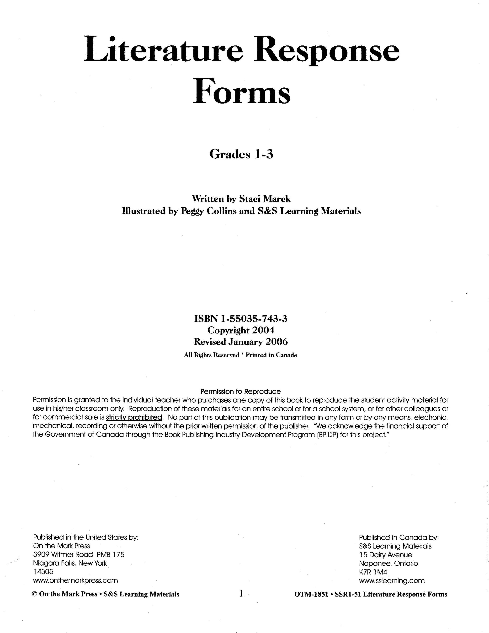 Literature Response Forms Grades 1-3