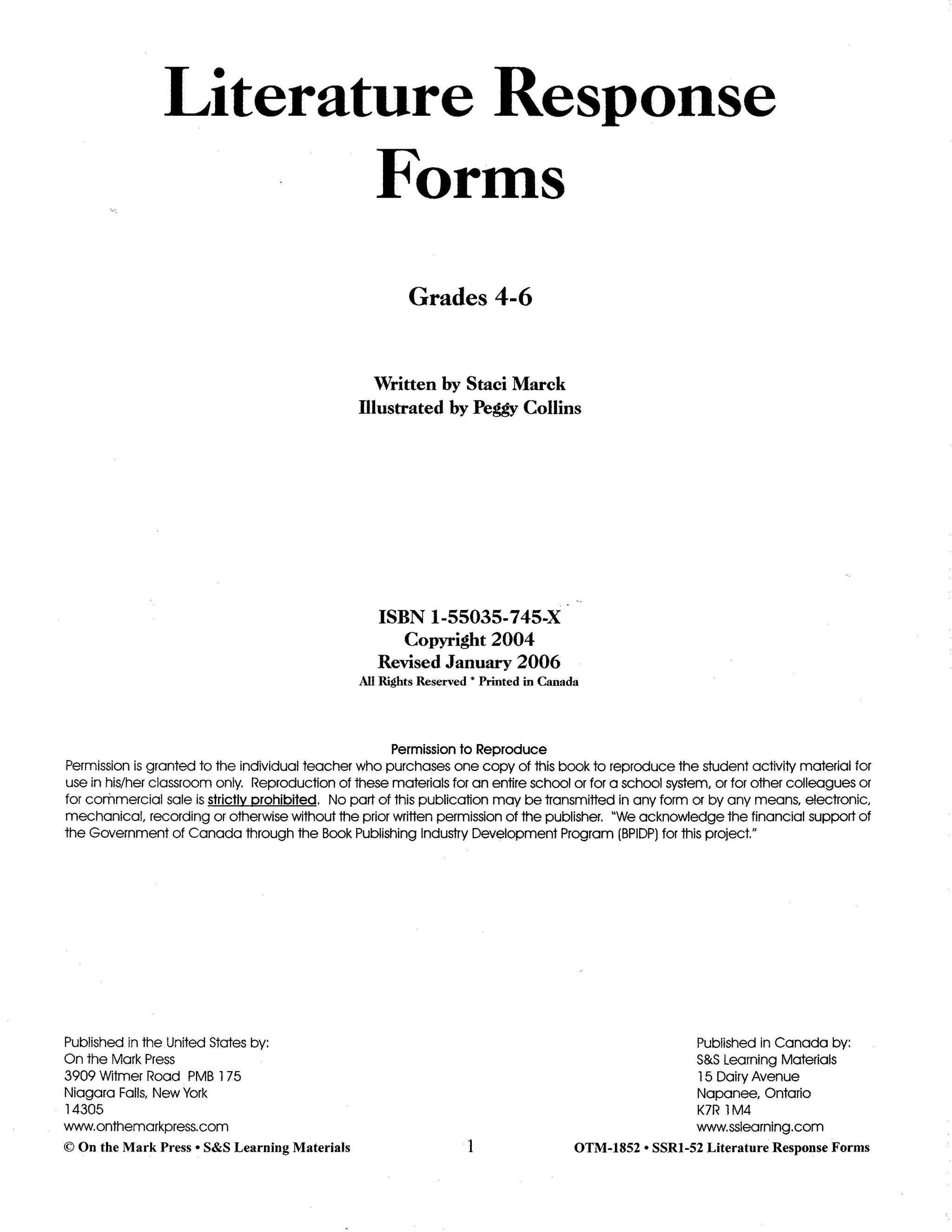 Literature Response Forms Grades 4-6