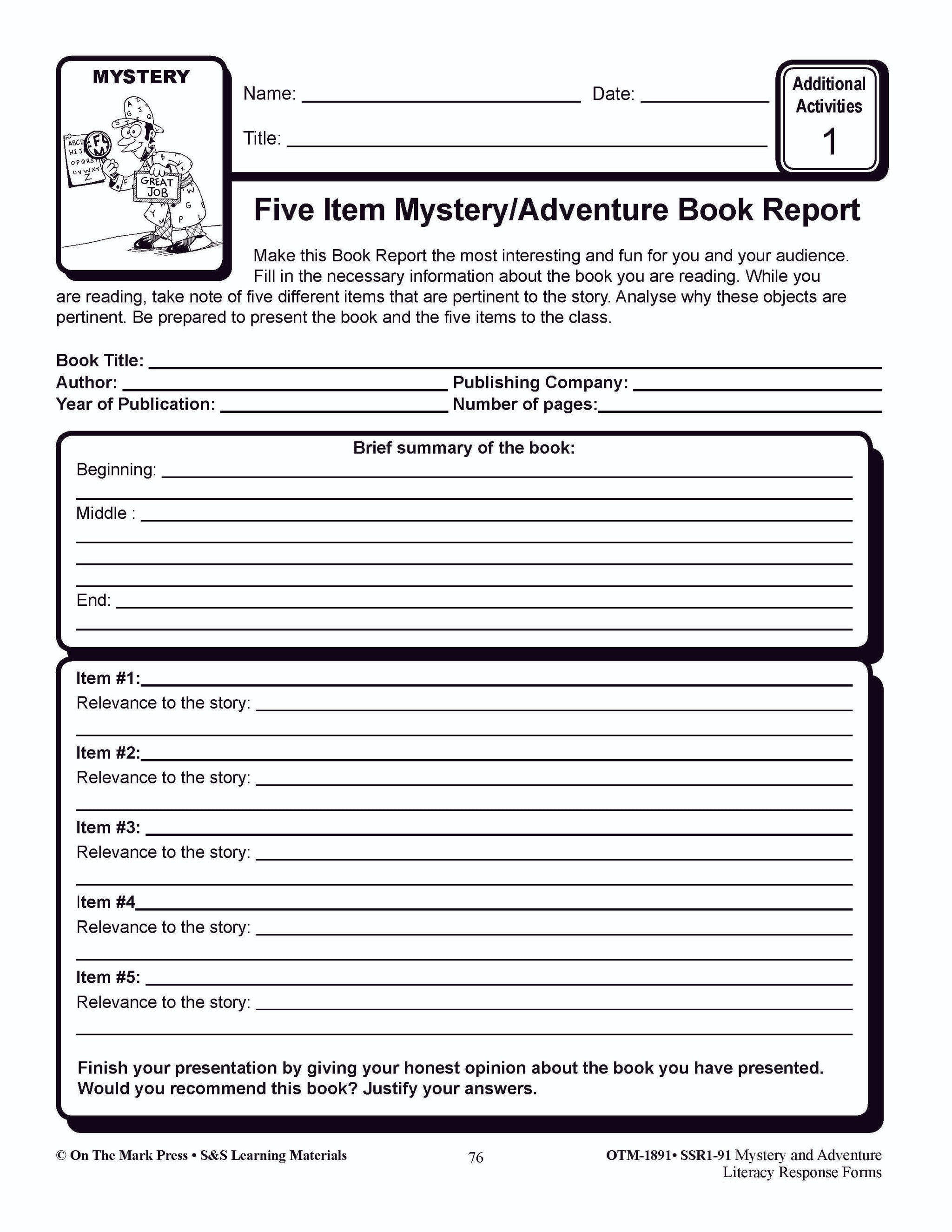 Reading Response Forms: Mystery & Adventure Theme Grades 4-6