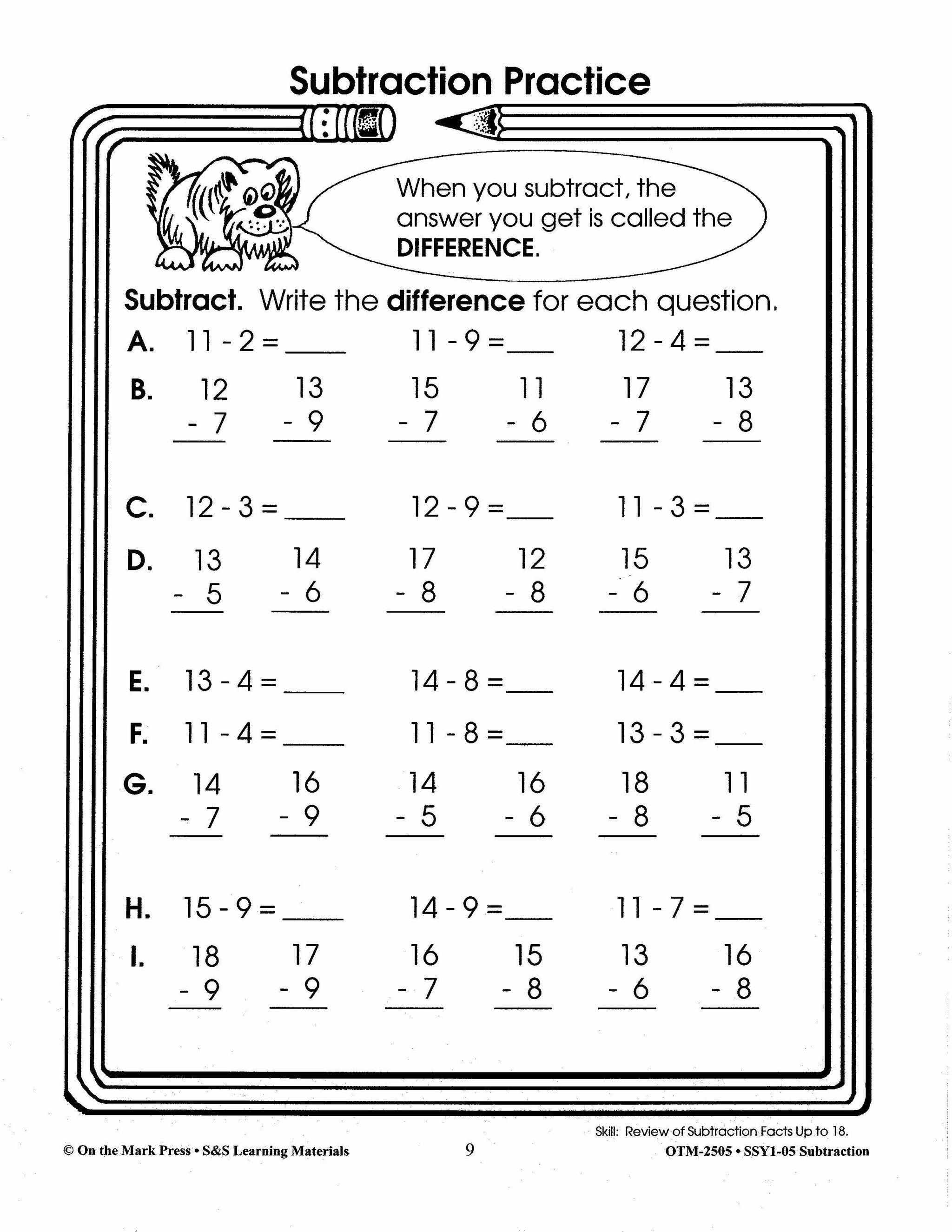 Subtraction Practice Build Their Skills Workbook Grades 1-3