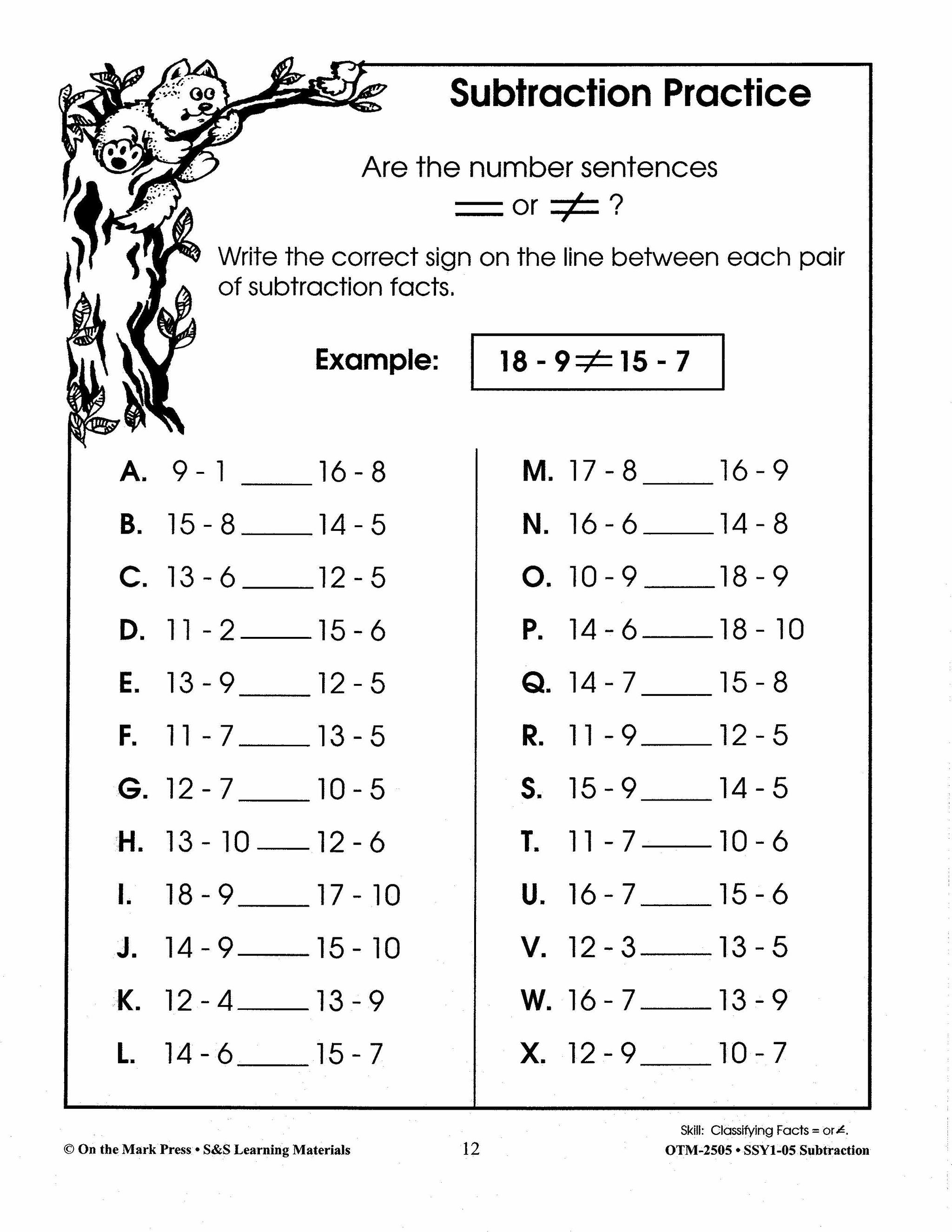 Subtraction Practice Build Their Skills Workbook Grades 1-3