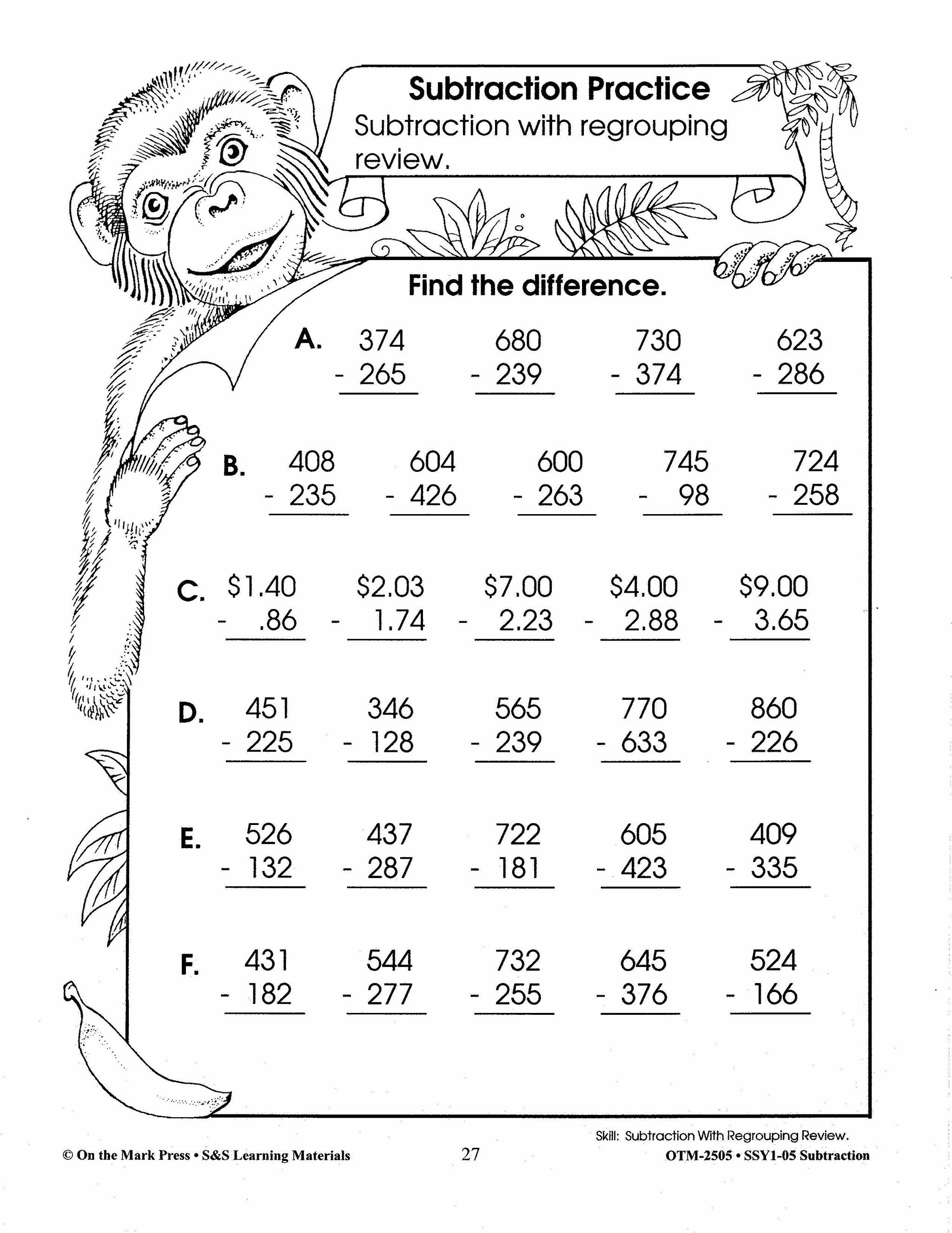 Subtraction Practice Build Their Skills Workbook Grades 1-3