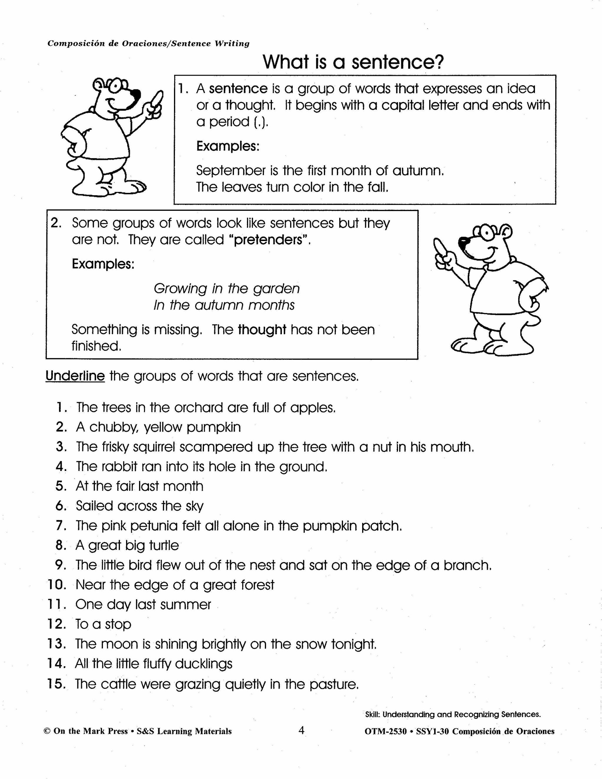 Composicion de Oraciones/Sentence Writing - A Spanish and English Workbook Gr. 1-3