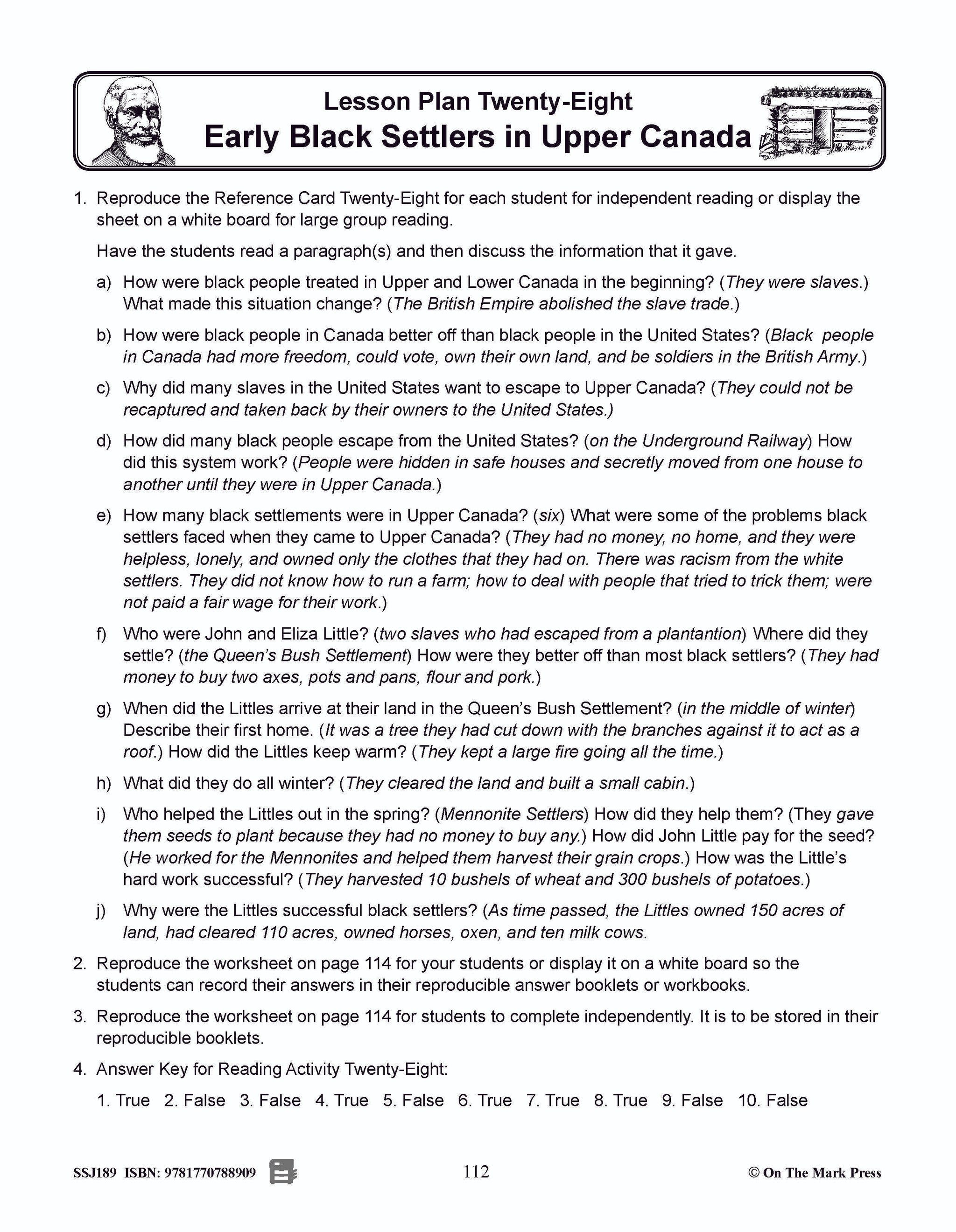 Early Black Settlers in Upper Canada Grades 2-4