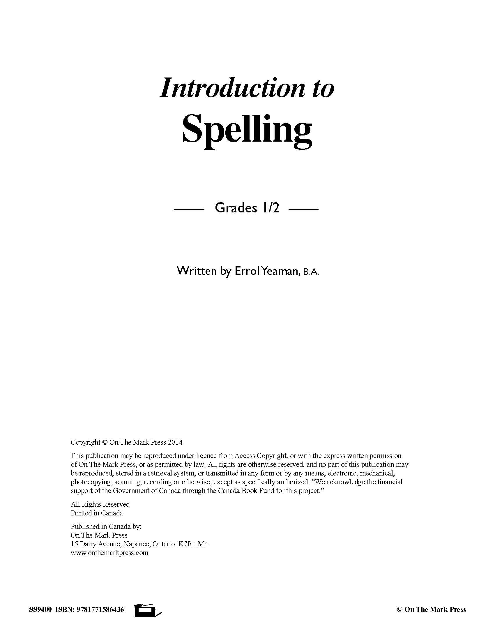 Spelling Grades 1/2 Workbook - Canadian Spelling Lessons/Worksheets