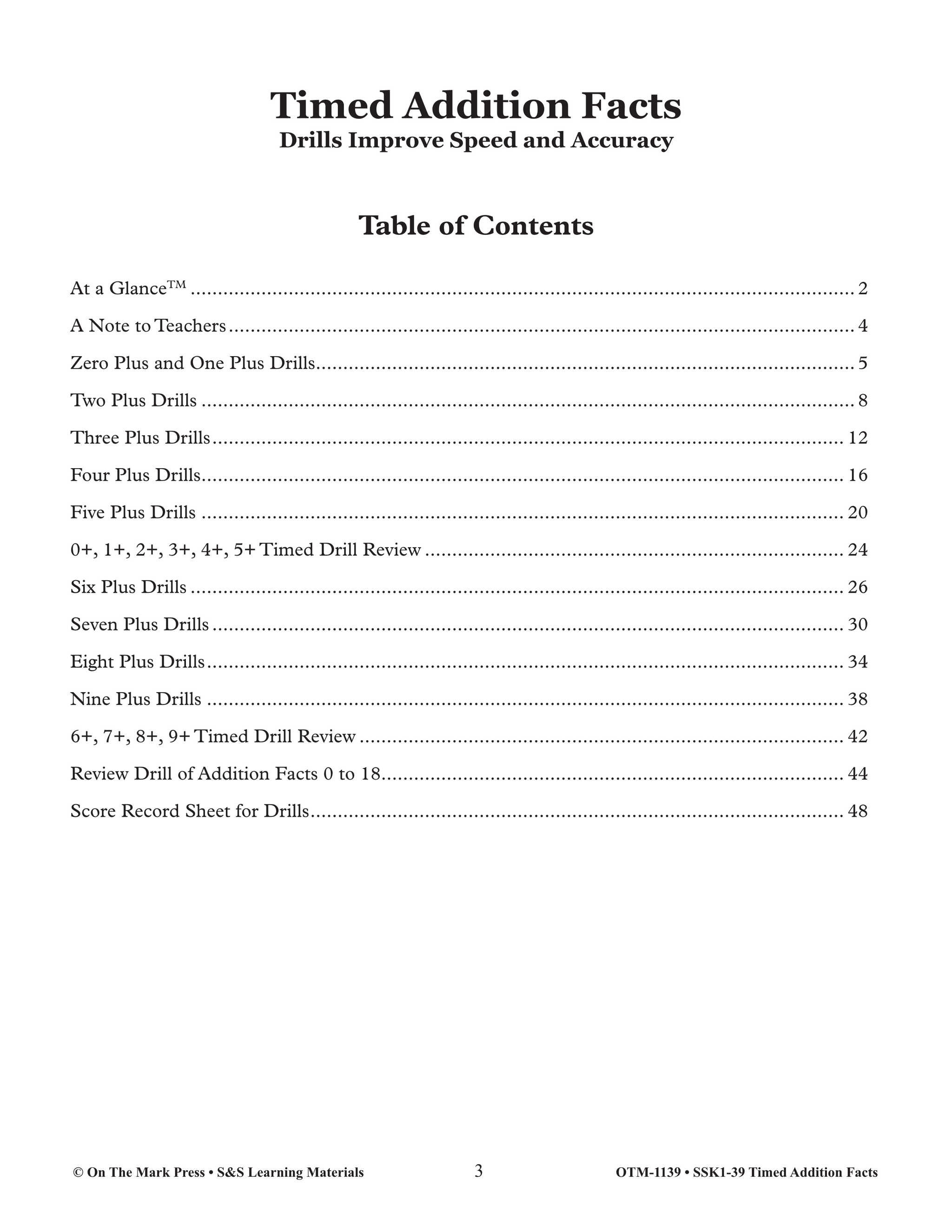 Timed Addition Drill Facts Grades 1-3