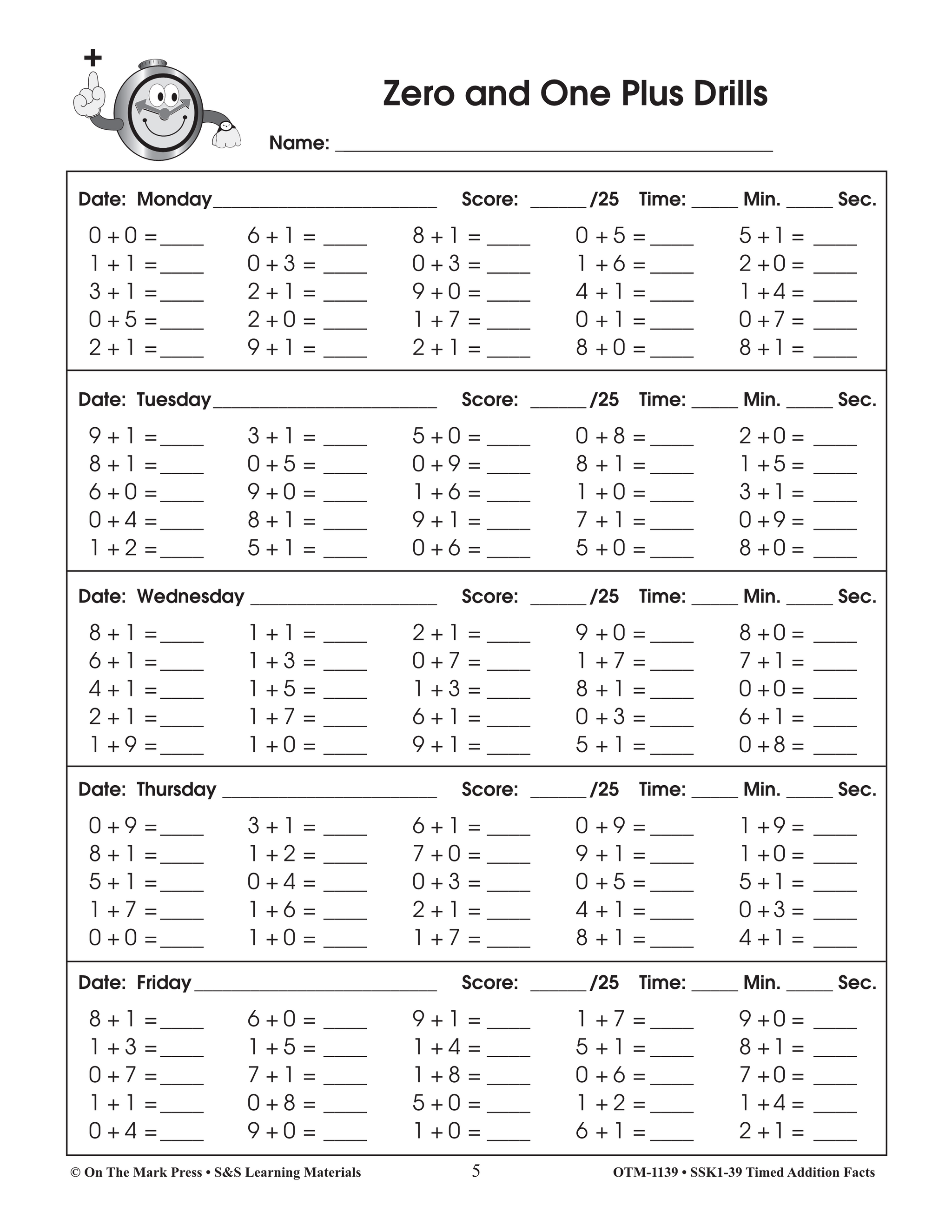 Timed Addition Drill Facts Grades 1-3