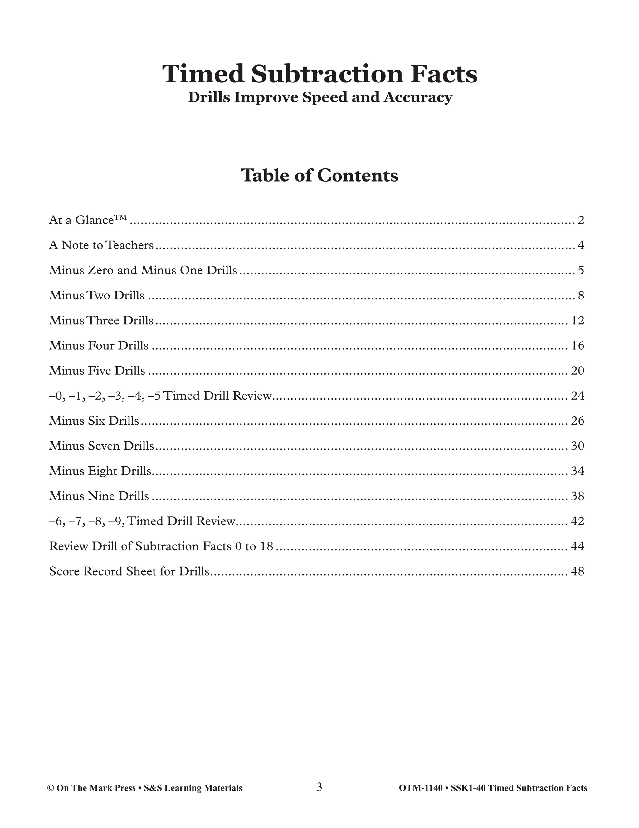 Timed Subtraction Drill Facts Grades 1-3
