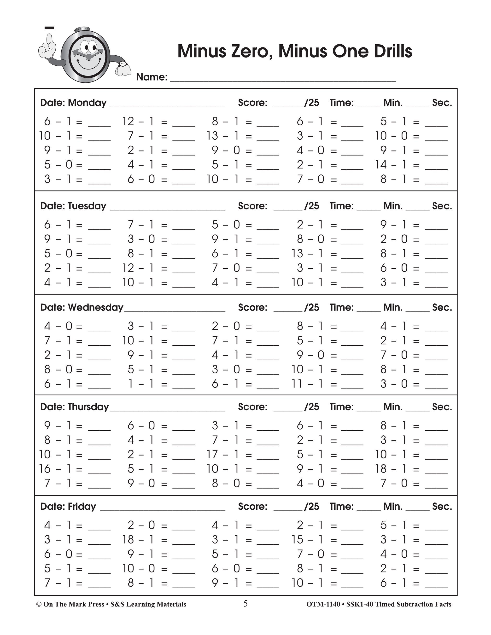 Timed Subtraction Drill Facts Grades 1-3