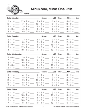 Timed Subtraction Drill Facts Grades 1-3