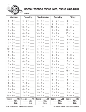 Timed Subtraction Drill Facts Grades 1-3