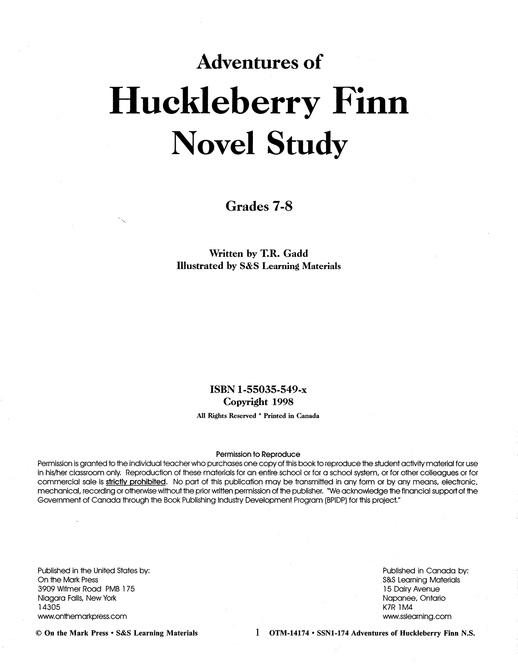 Adventures of Huckleberry Finn, by Mark Twain Lit Link Grades 7-8