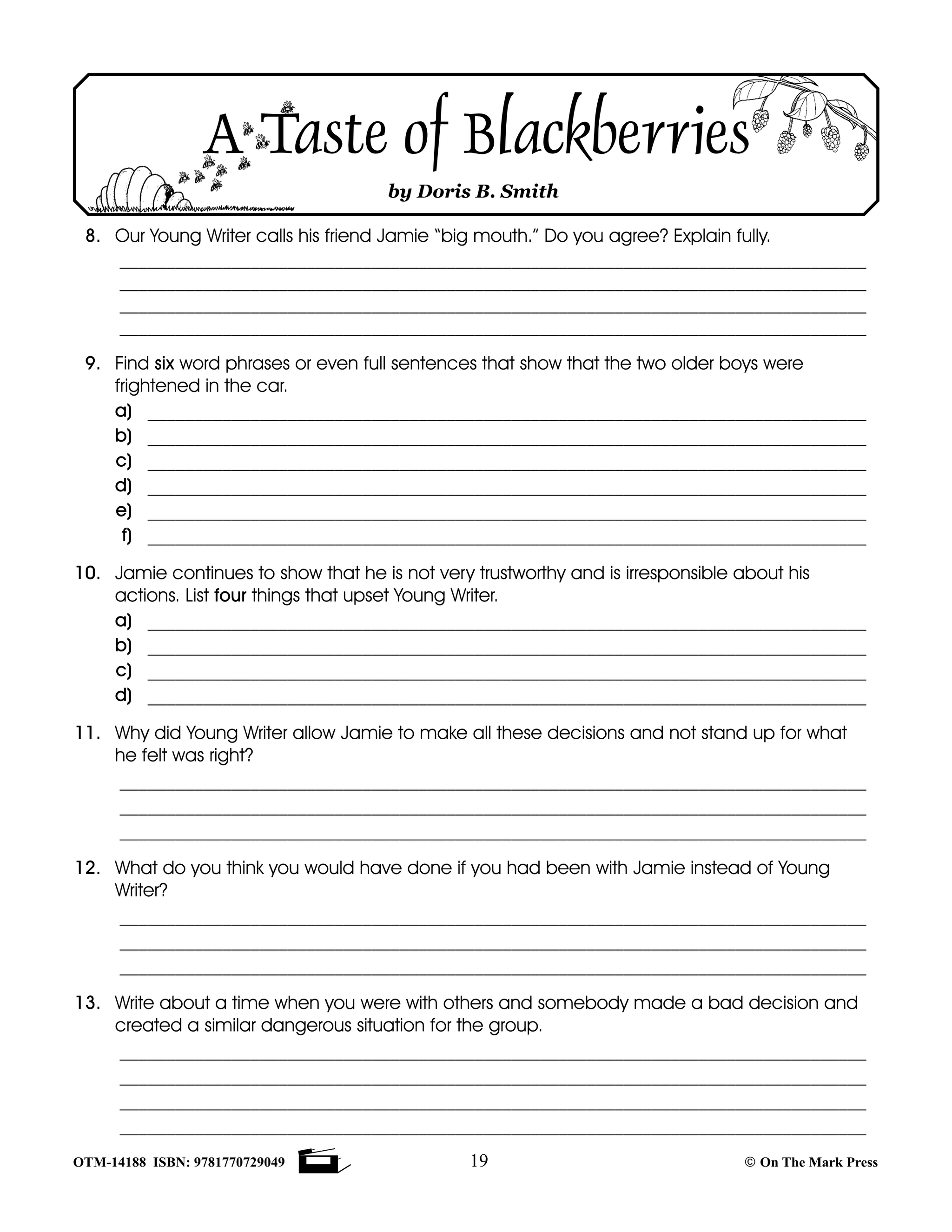 A Taste of Blackberries, by Doris Buchanan Smith Lit Link Grades 4-6