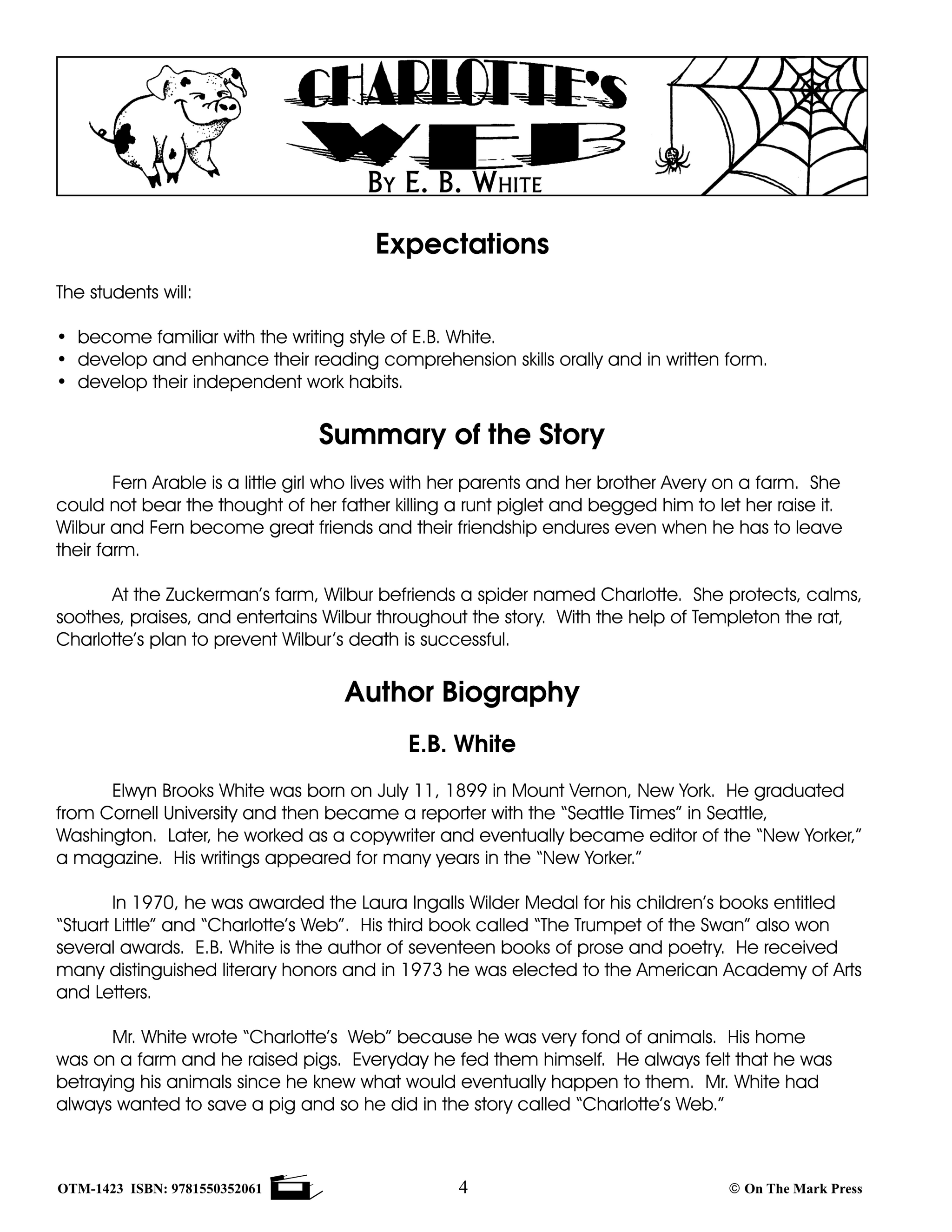 Charlotte's Web, A Novel by E.B. White Novel Study/Lit Link Grades 4-6