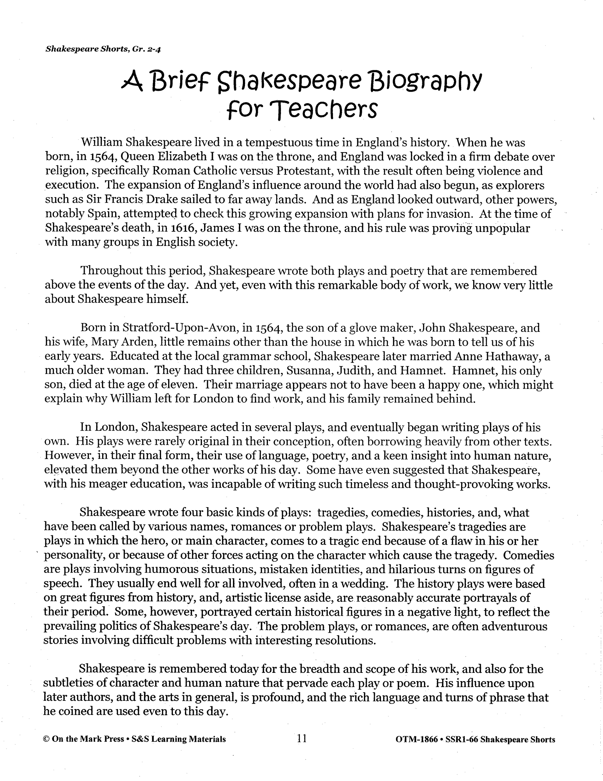 Shakespeare Shorts - Performing Arts Grades 2-4