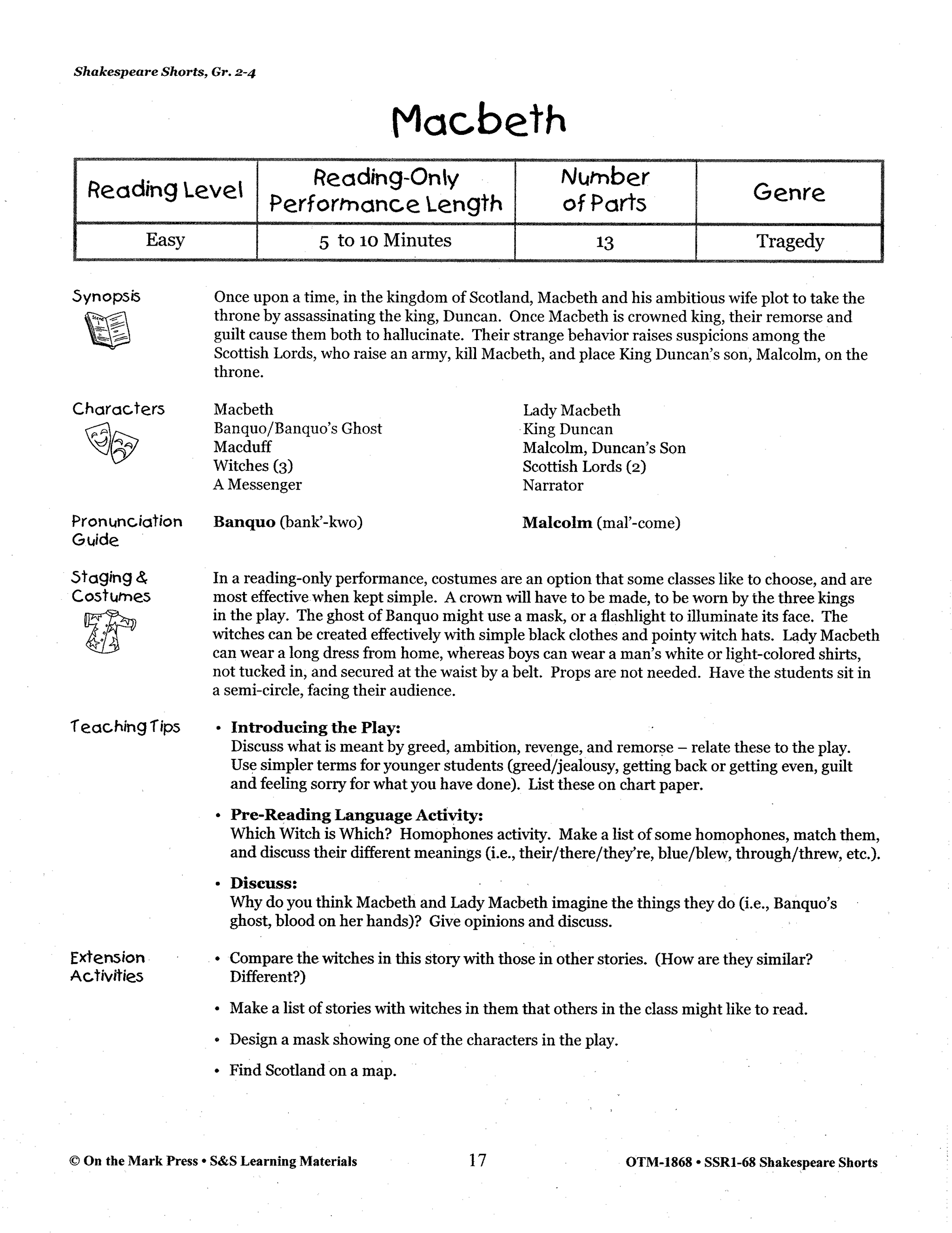 Shakespeare Plays Adapted for Readers Theater with Scripts & Activities Grades 2-4
