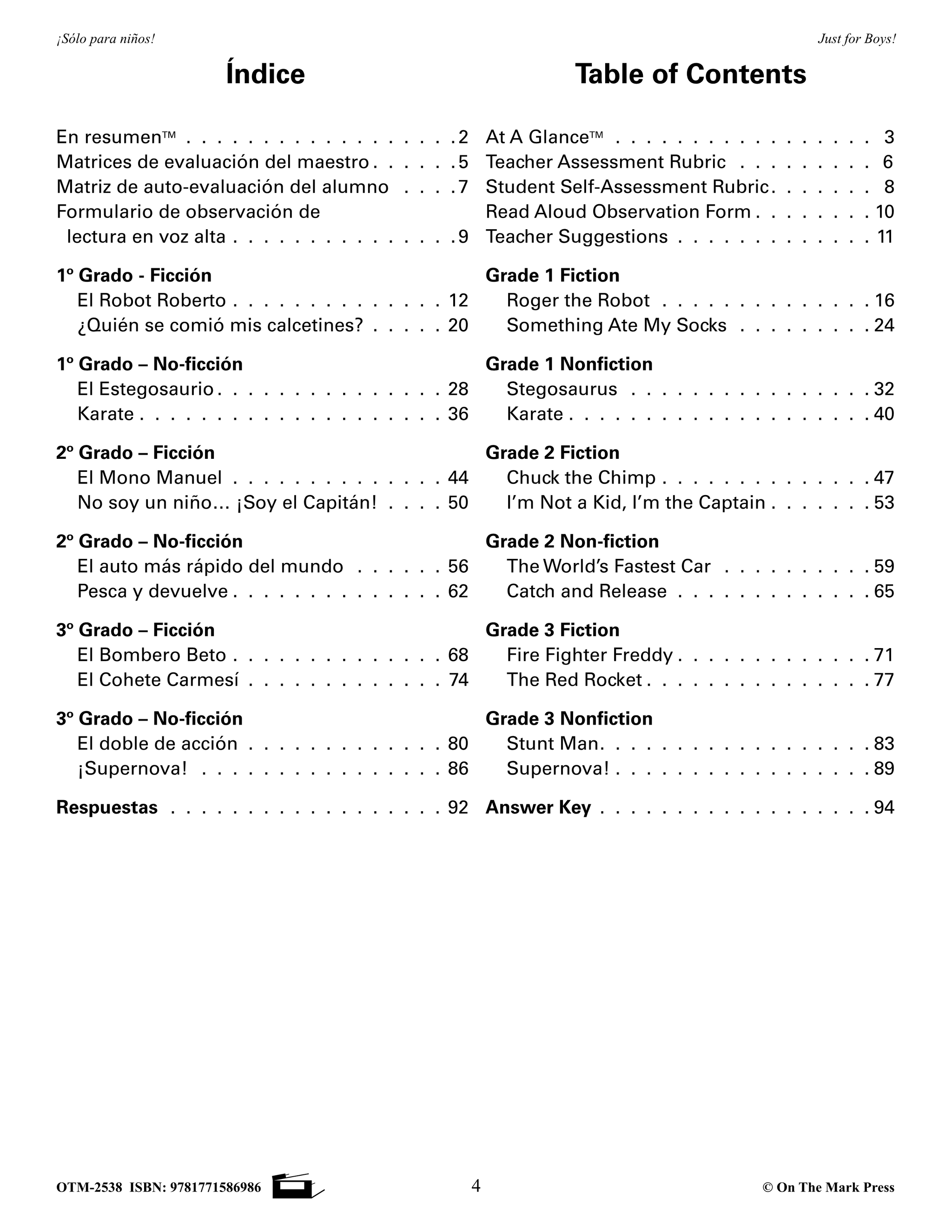 Solo Para Ninos / Just for Boys Reading Comprehension Spanish and English Grades 1-3