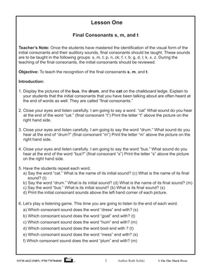 Final Consonants "s,m,t" Lesson One: Kindergarten - Grade 1