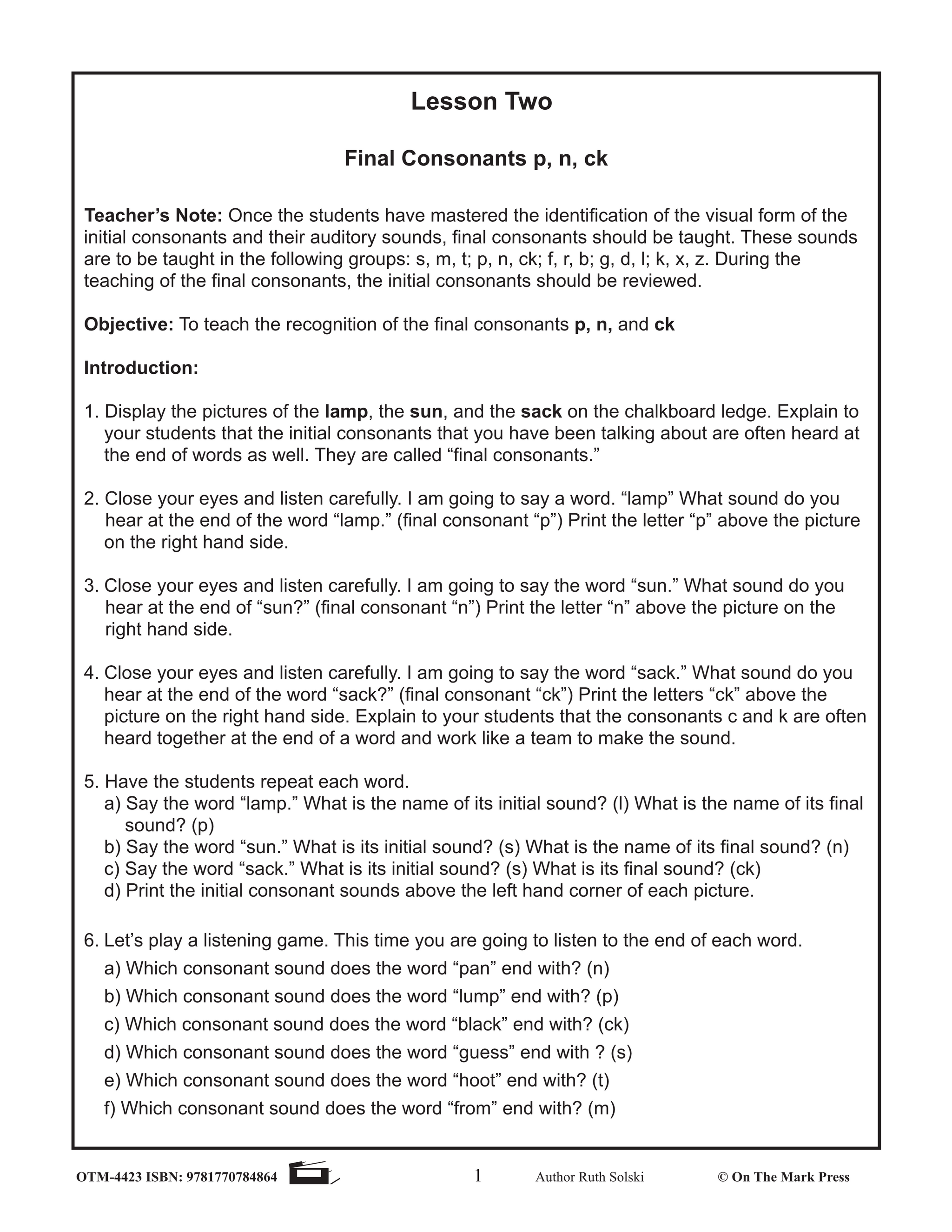 Final Consonants "p,n,ck" Lesson Two: Kindergarten - Grade 1
