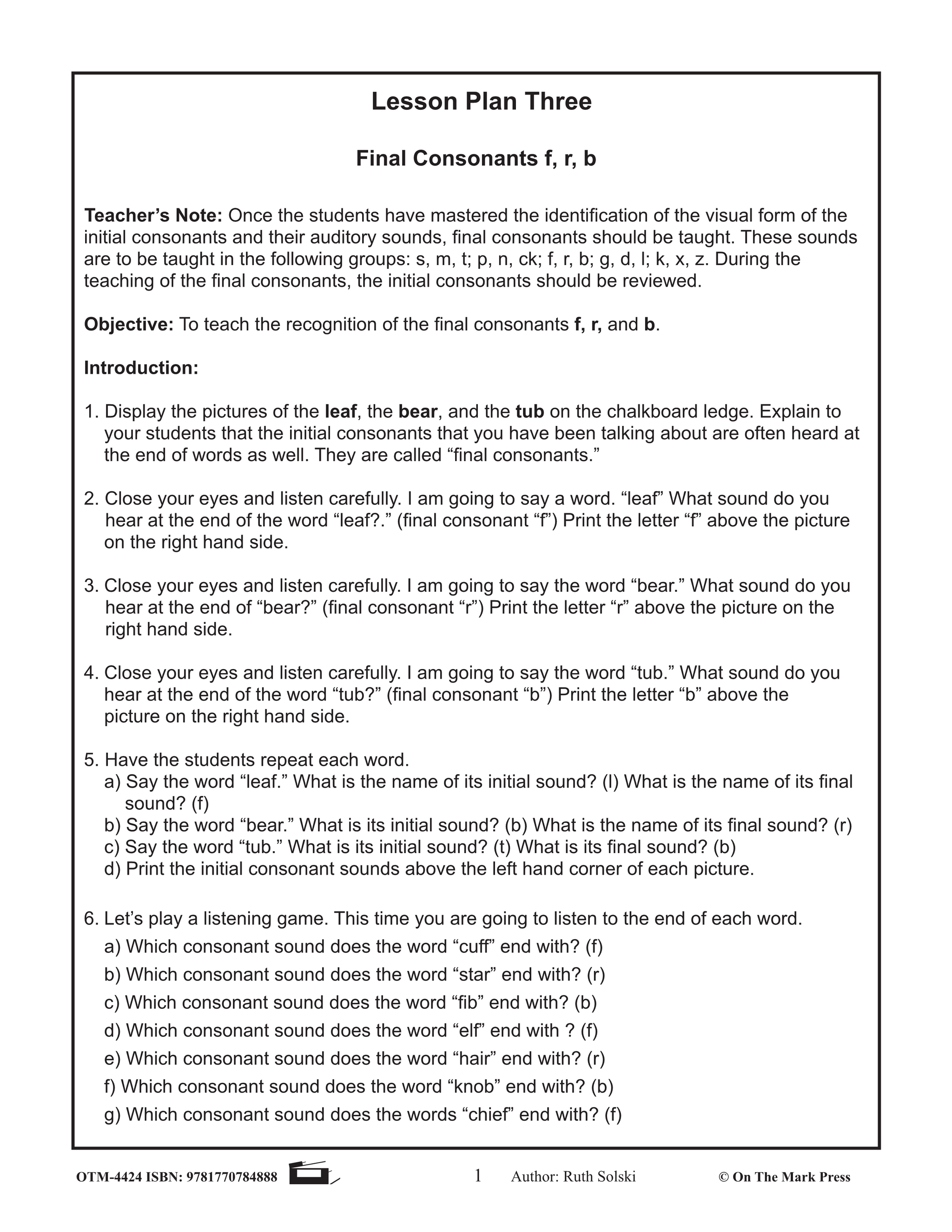 Final Consonants "f,r,b" Lesson Three: Kindergarten - Grade 1