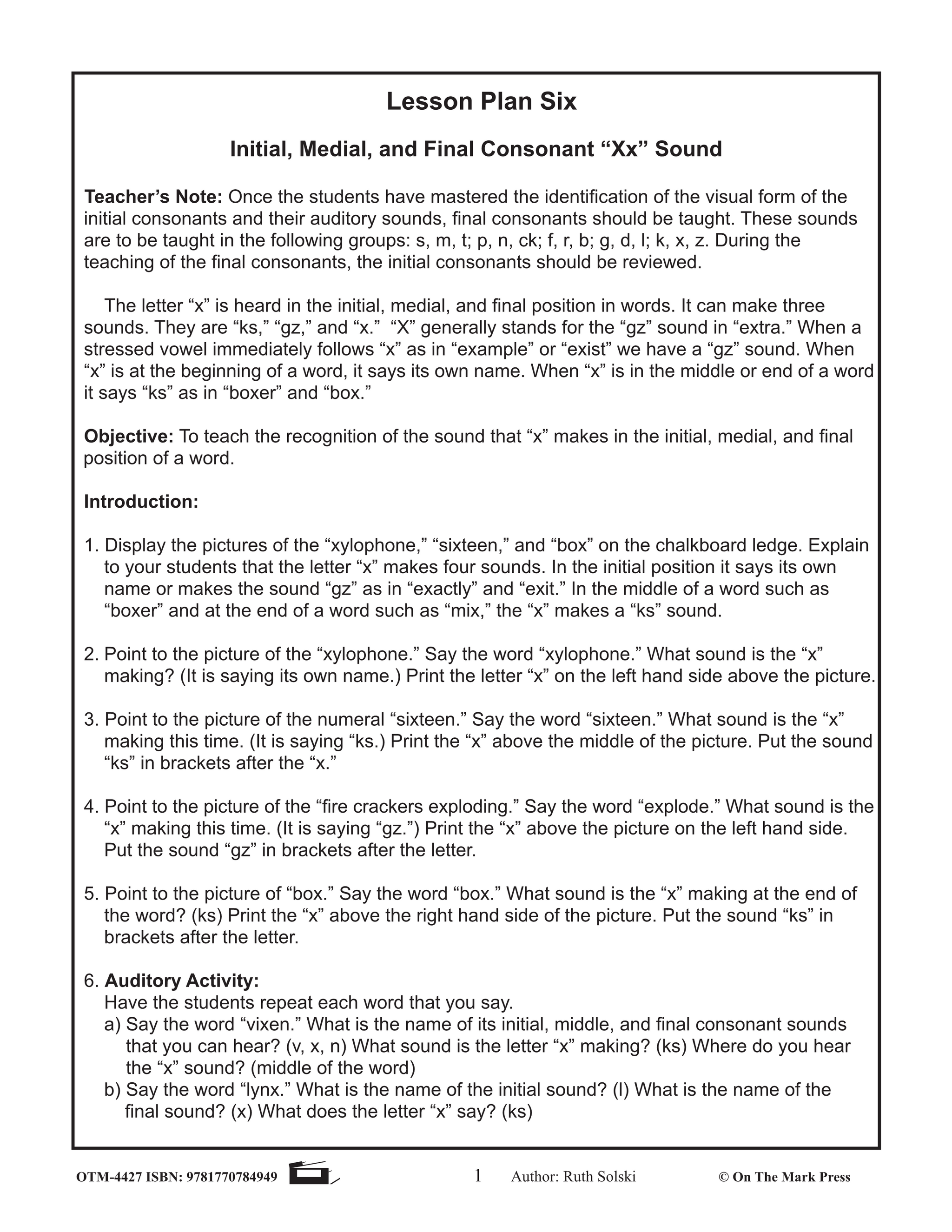 Final Consonant "x" Lesson Six: Kindergarten - Grade 1