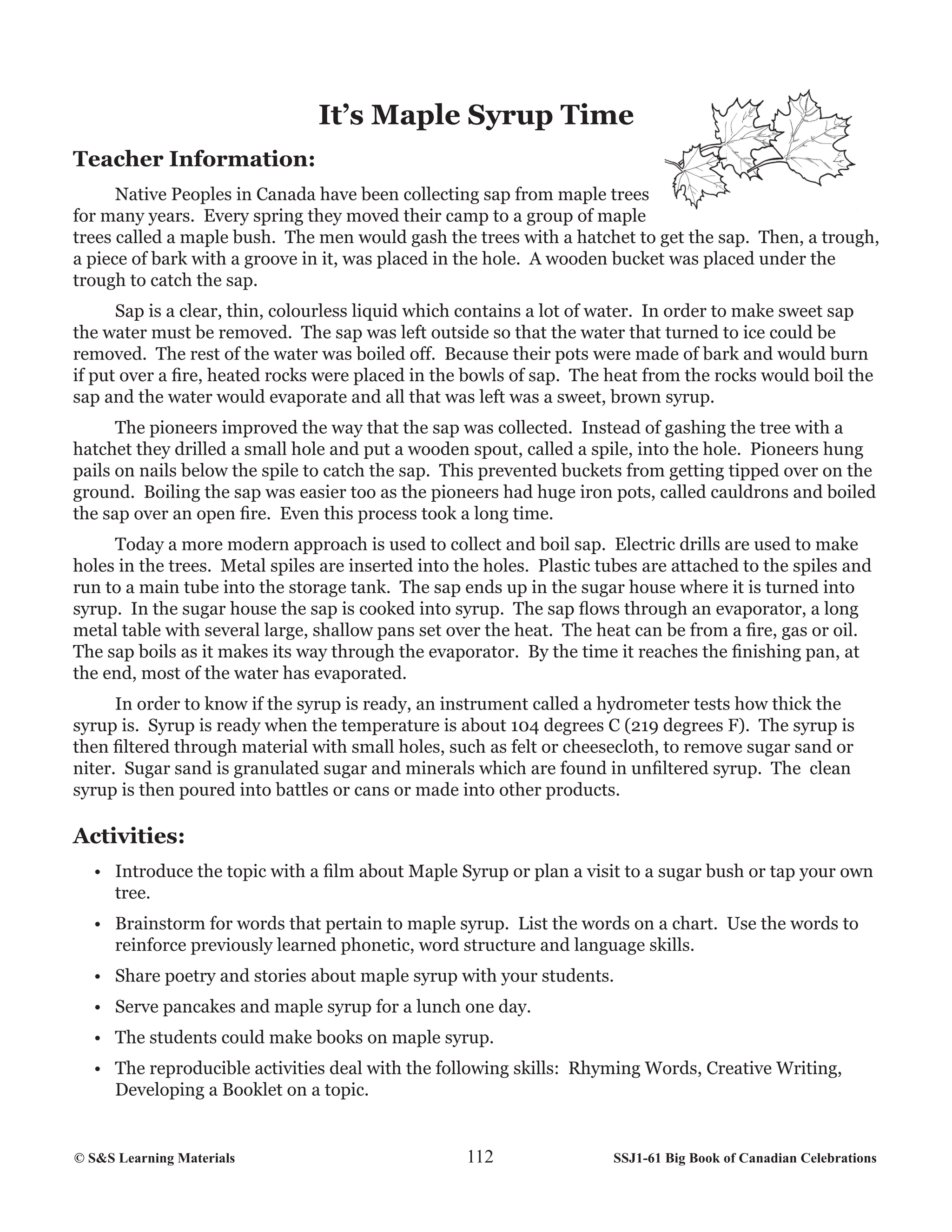 Maple Syrup Time Activity Gr. 1-3