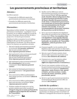 Les Gouvernements Provinciaux Et Territoriaux Plan De Cours 4e à 8e année