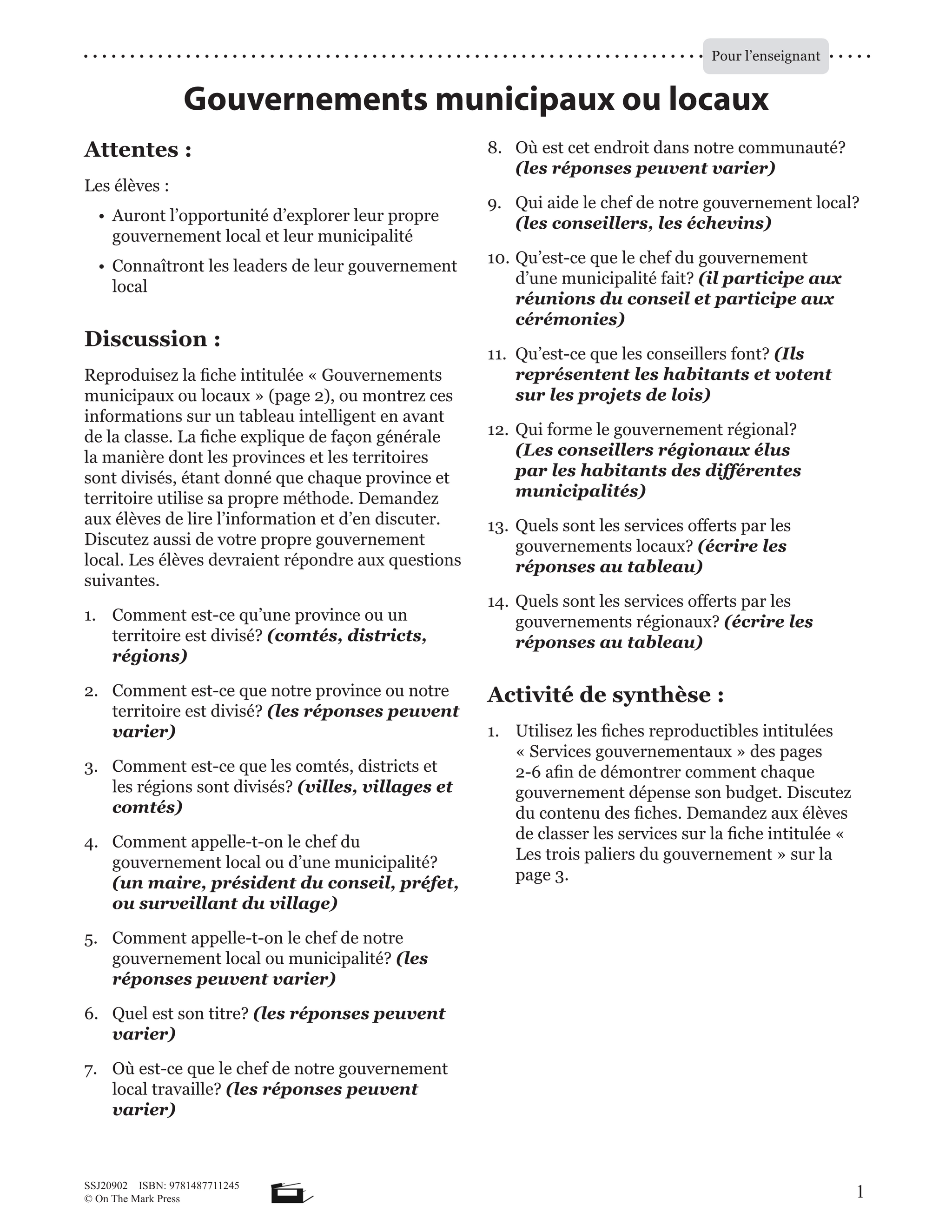 Gouvernements Municipaux Ou Locaux  Plan De Cours 4e à 8e année